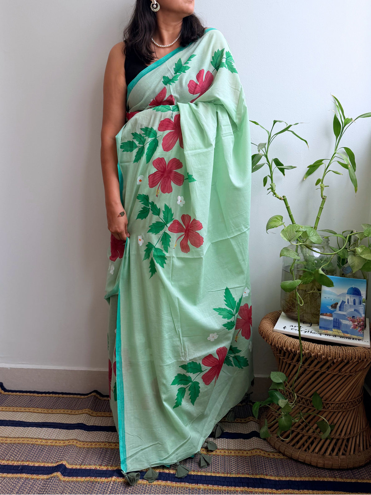 Hibiscus Painted Mul Cotton Saree