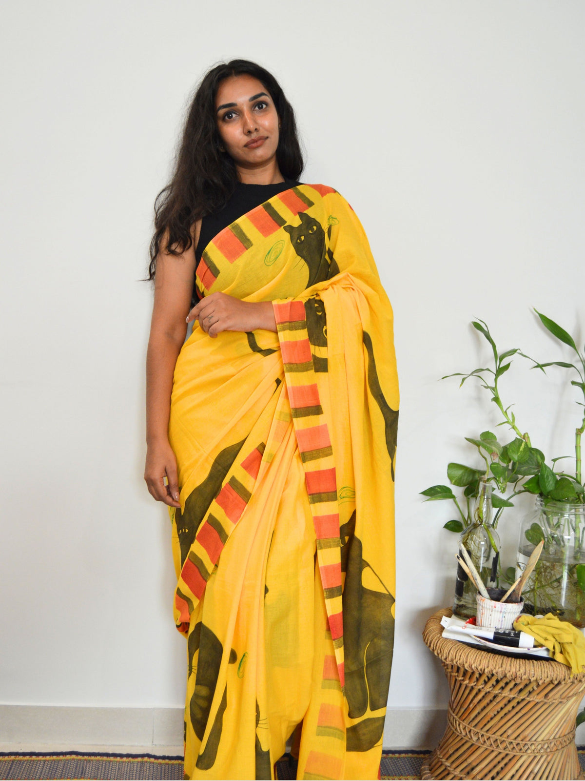 Cat Painted Mul Cotton Saree