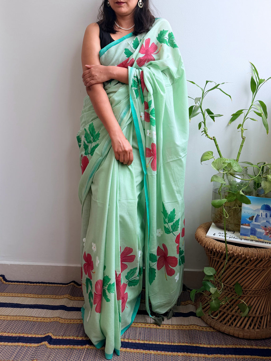 Hibiscus Painted Mul Cotton Saree