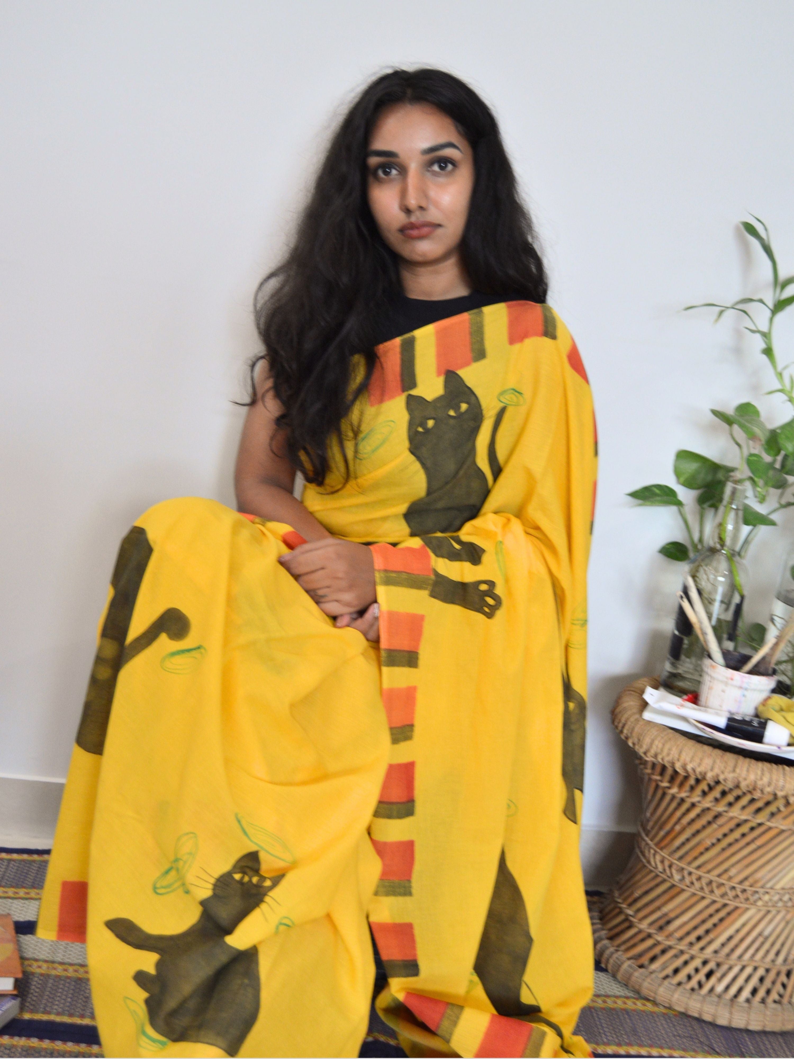Cat Painted Mul Cotton Saree