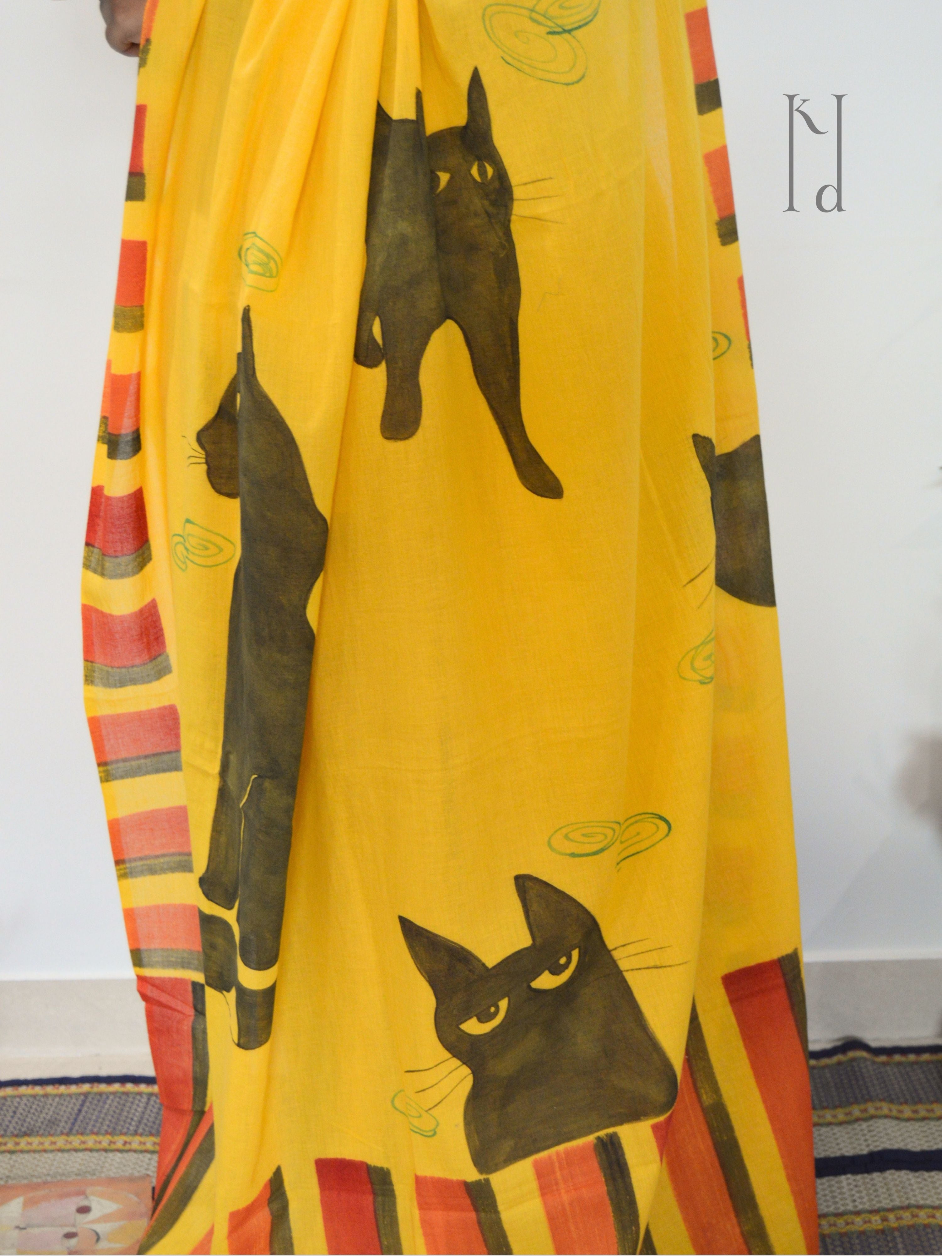 Cat Painted Mul Cotton Saree