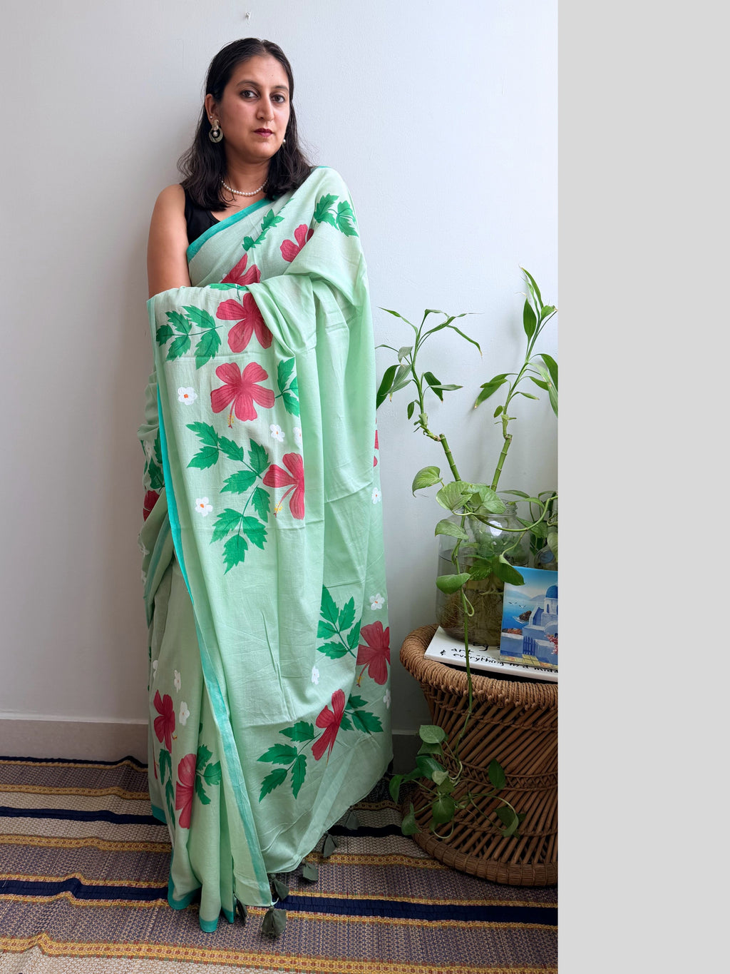Hibiscus Painted Mul Cotton Saree