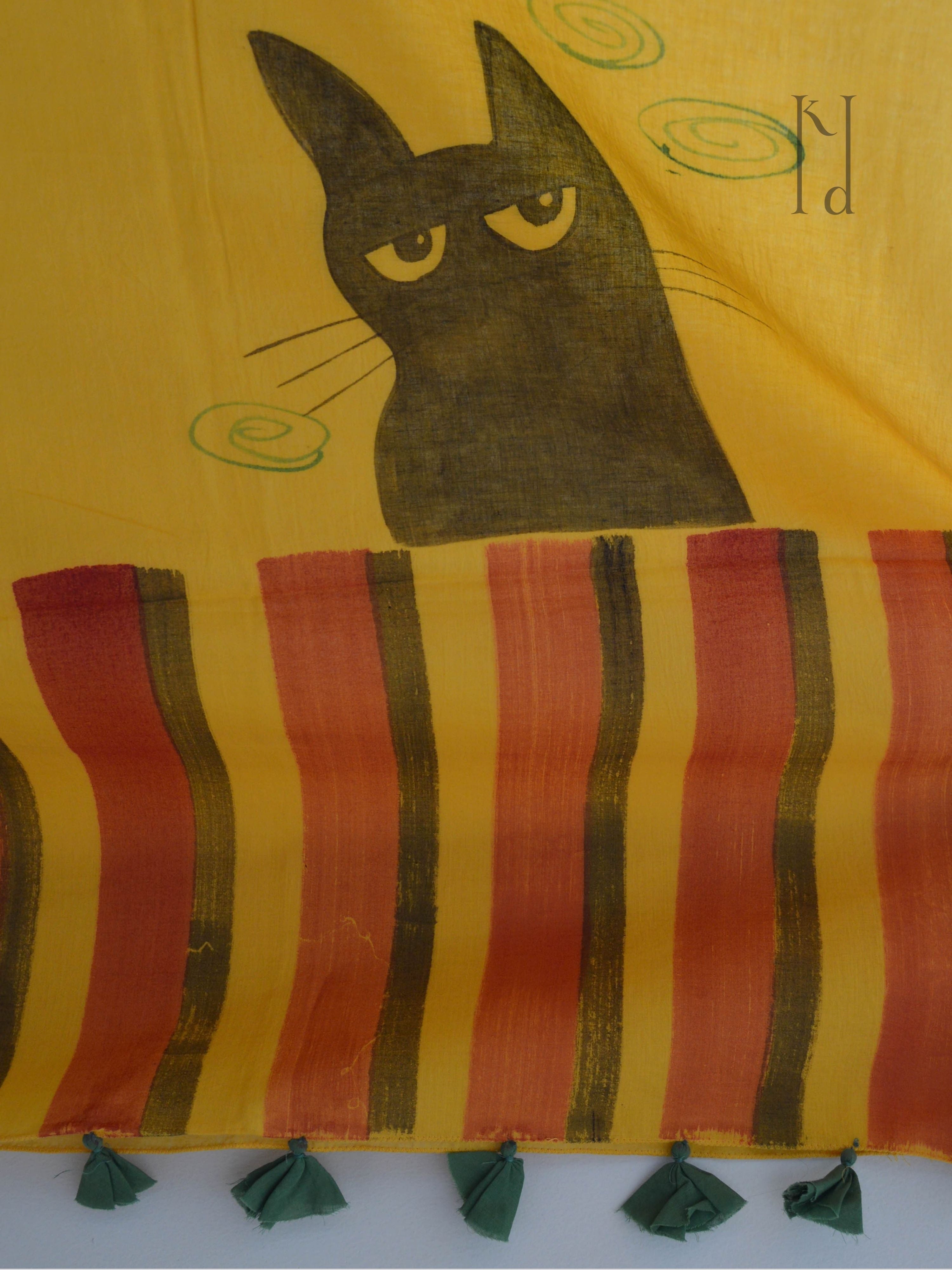 Cat Painted Mul Cotton Saree