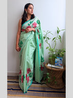 Hibiscus Painted Mul Cotton Saree
