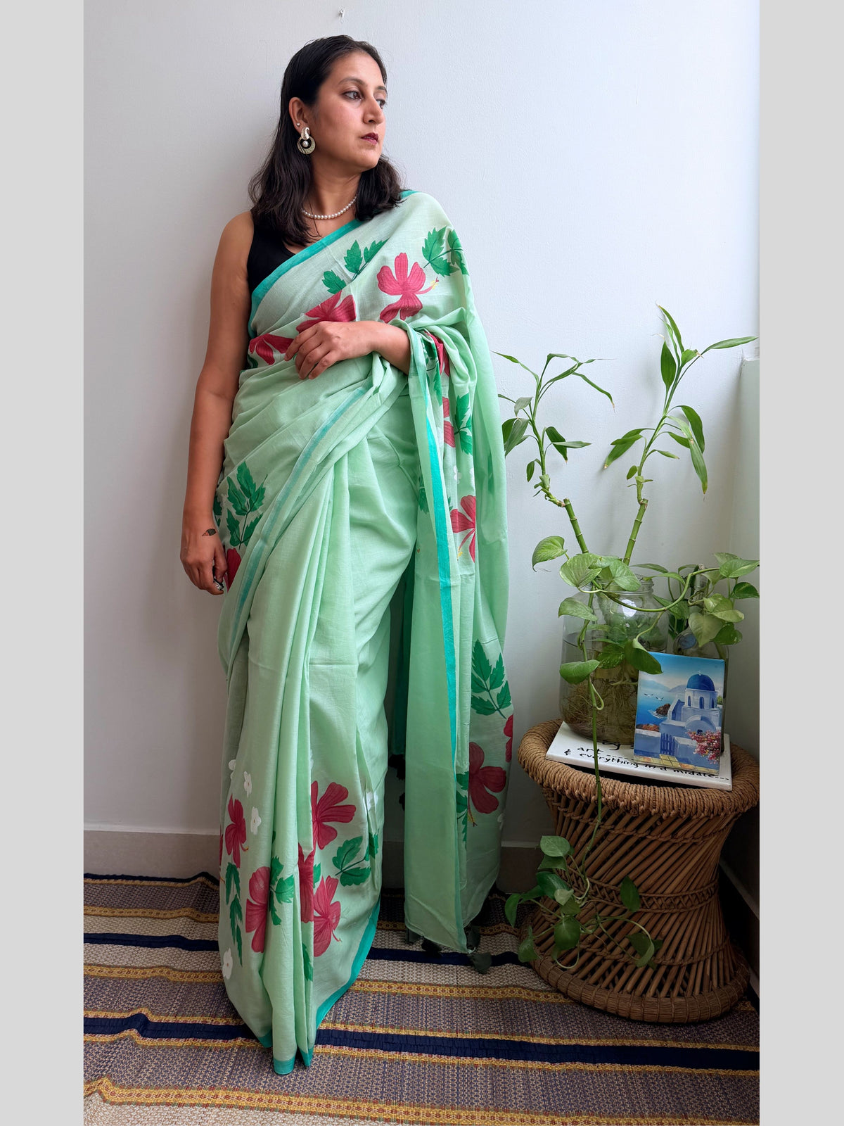 Hibiscus Painted Mul Cotton Saree