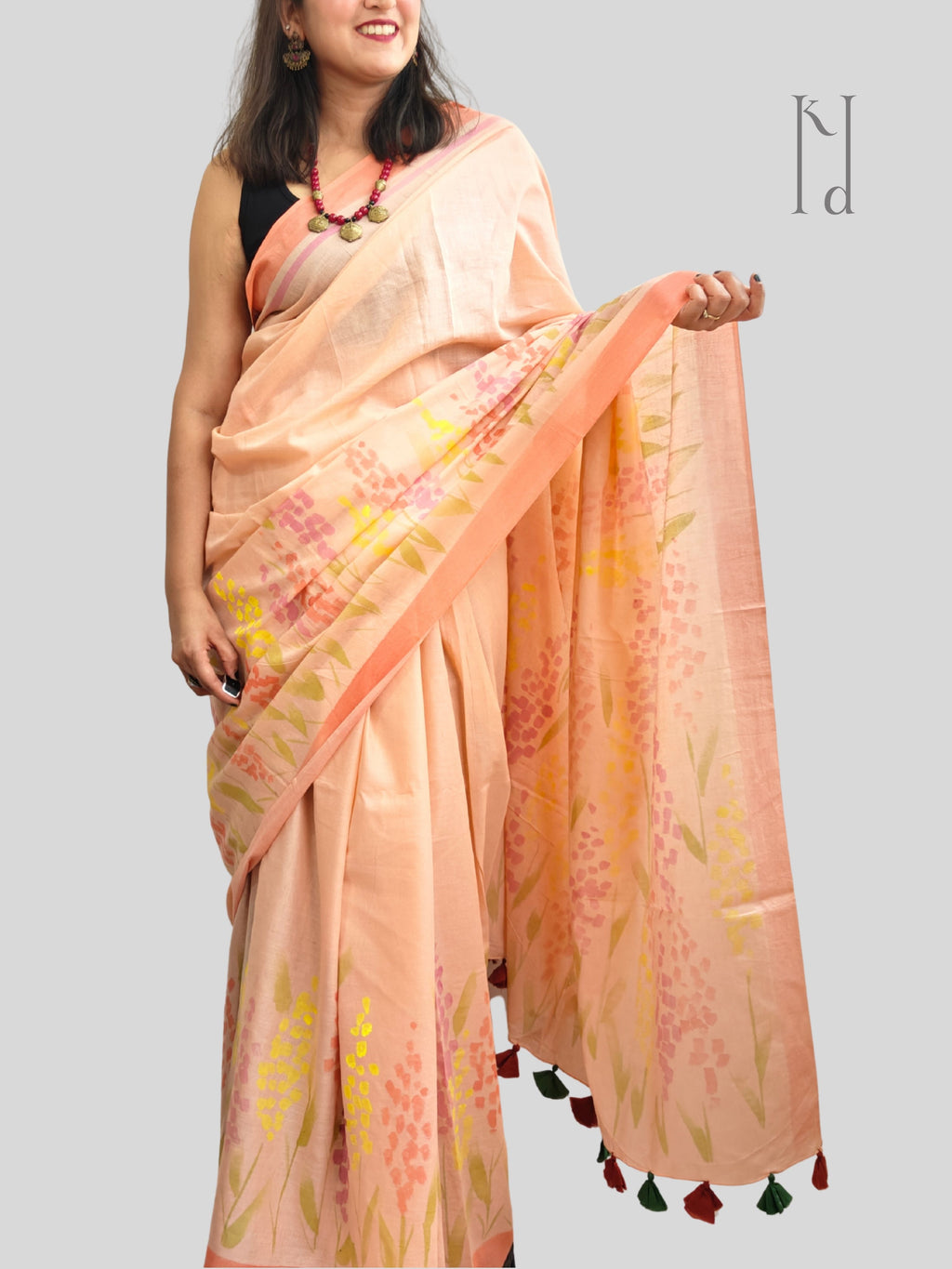 Delphi Painted Mul Cotton Saree- Peach