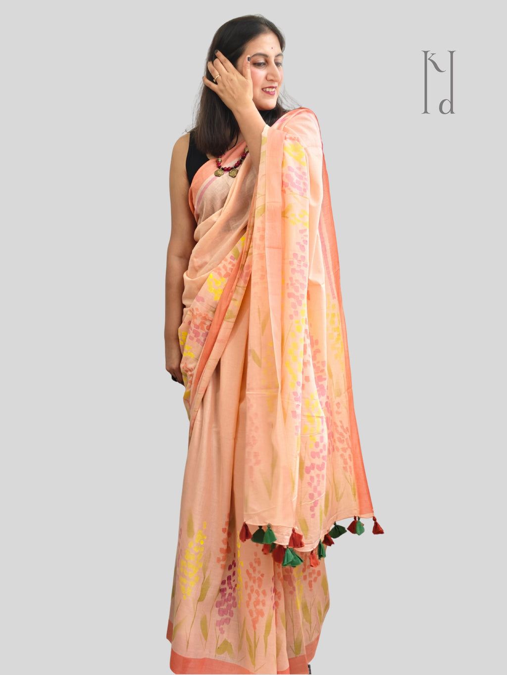 Delphi Painted Mul Cotton Saree- Peach