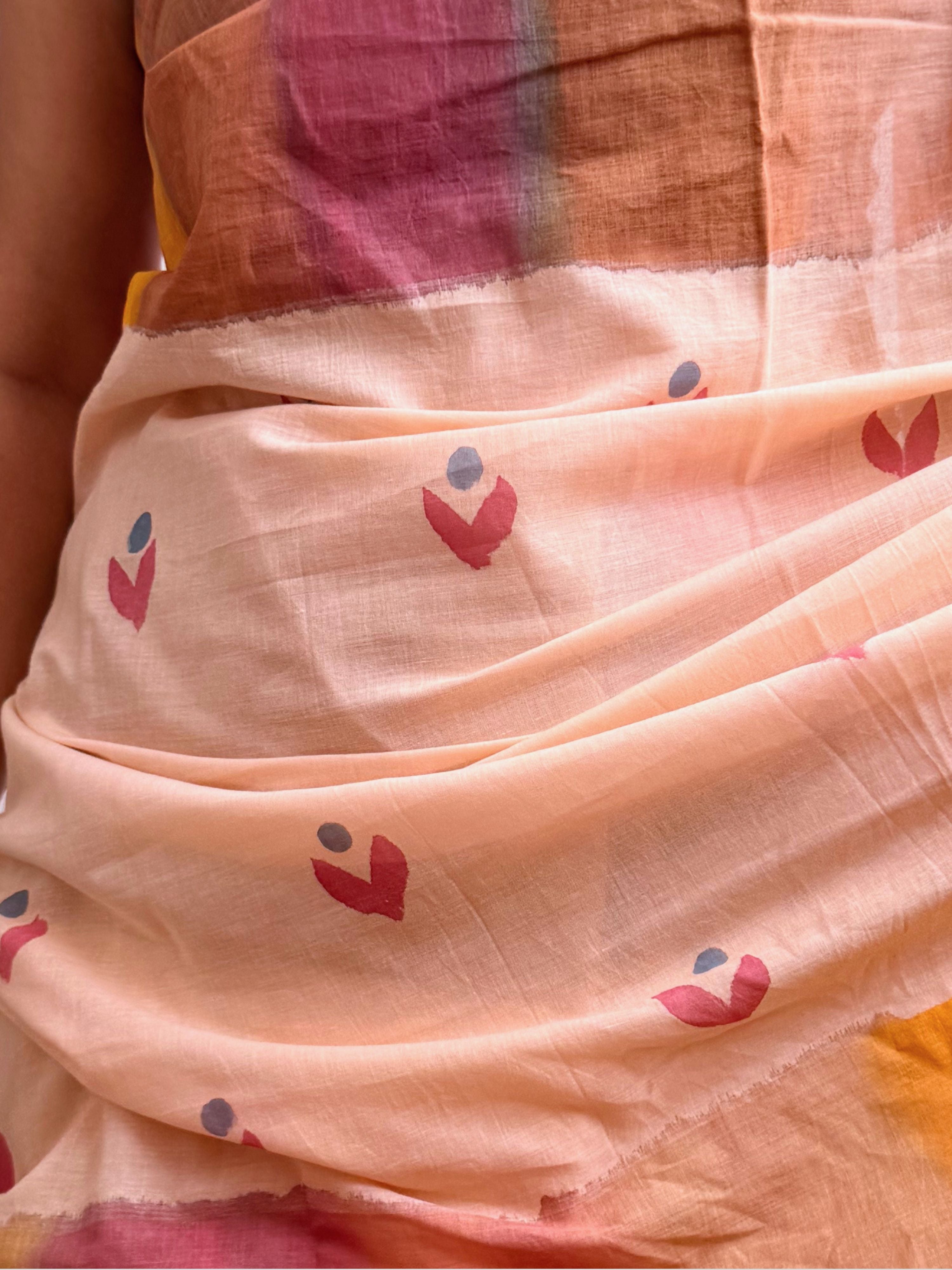 Peach Painted Mul Cotton Saree