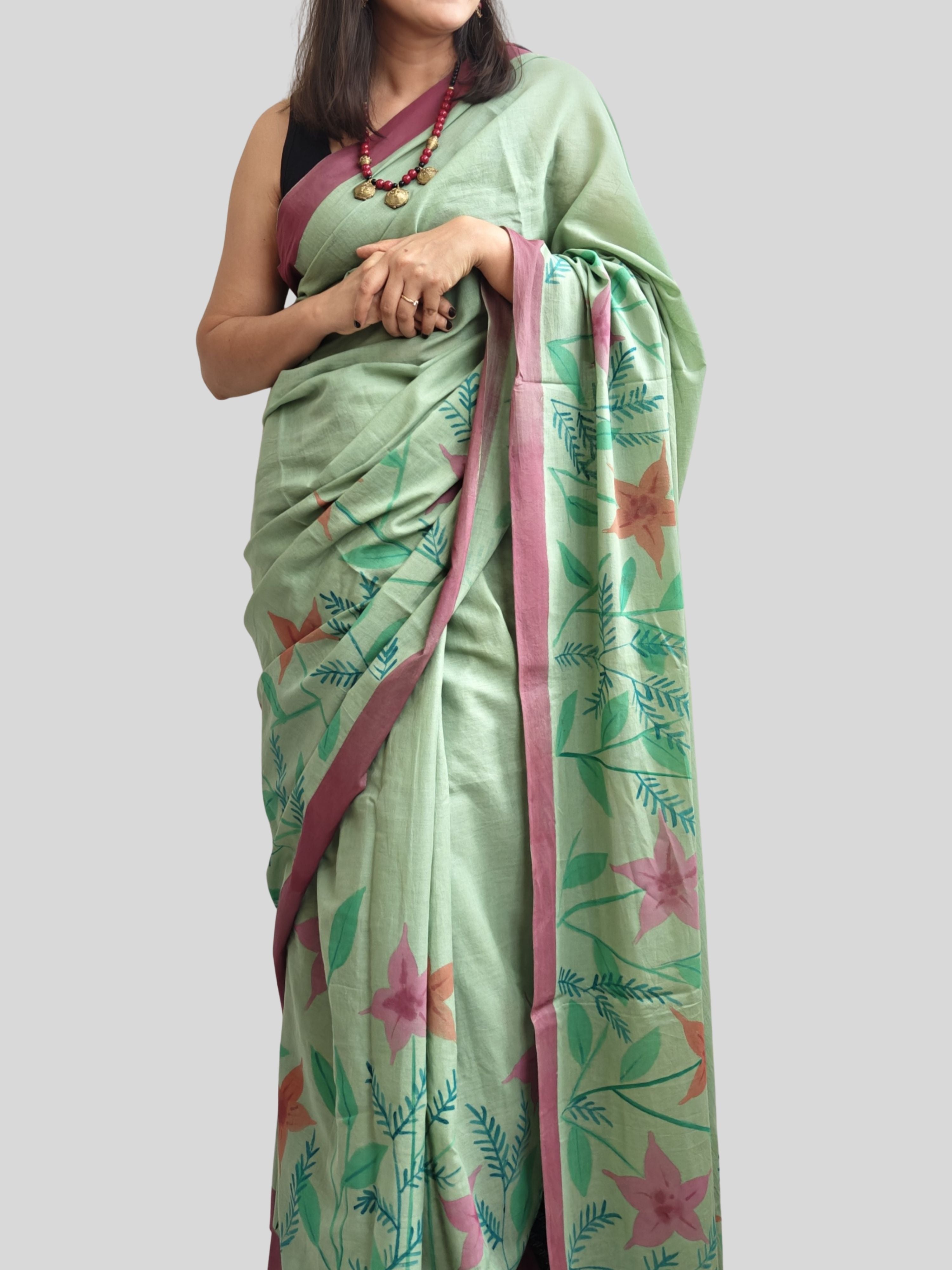 Abstract Floral Painted Mul Cotton Saree