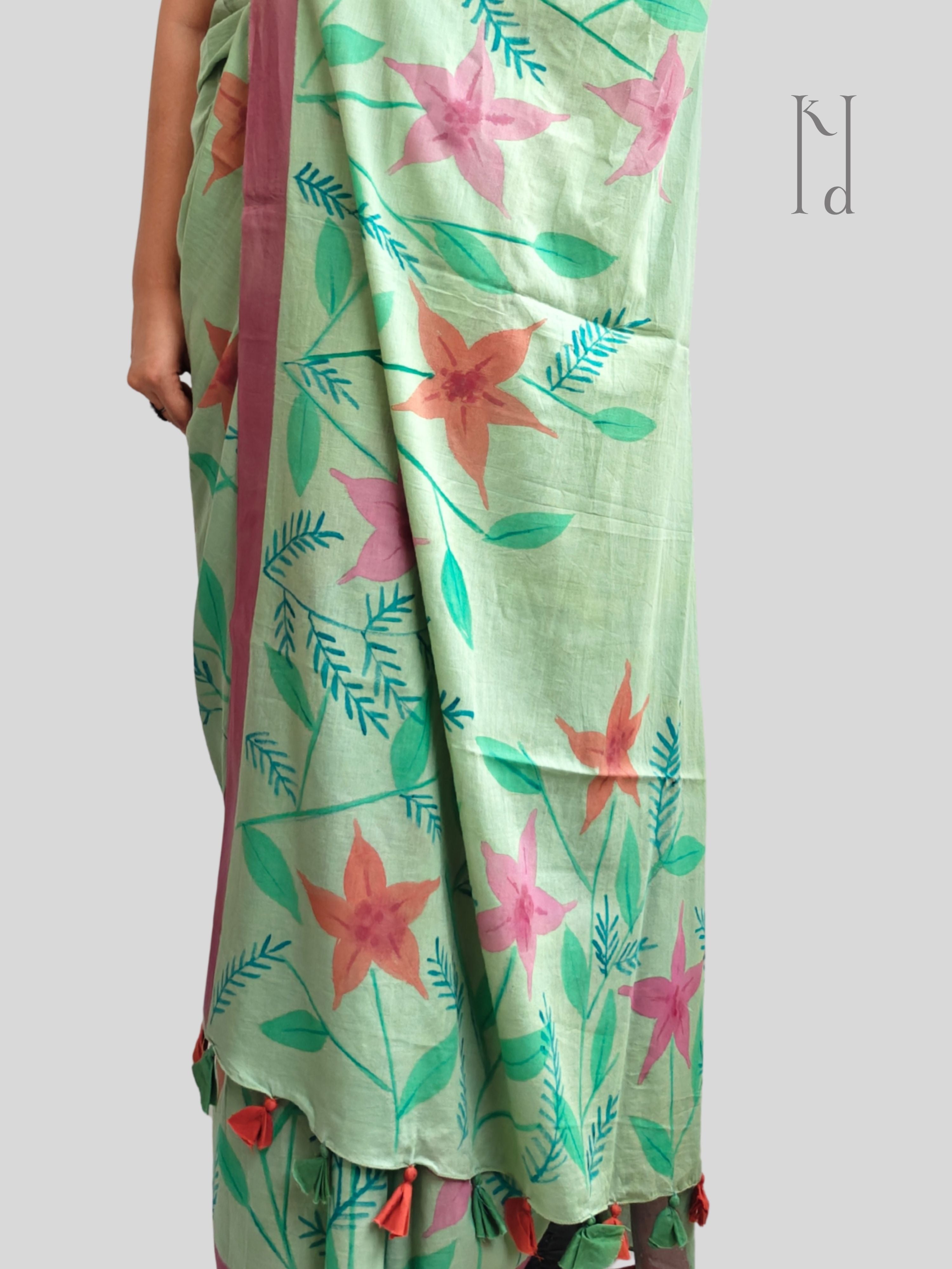 Abstract Floral Painted Mul Cotton Saree