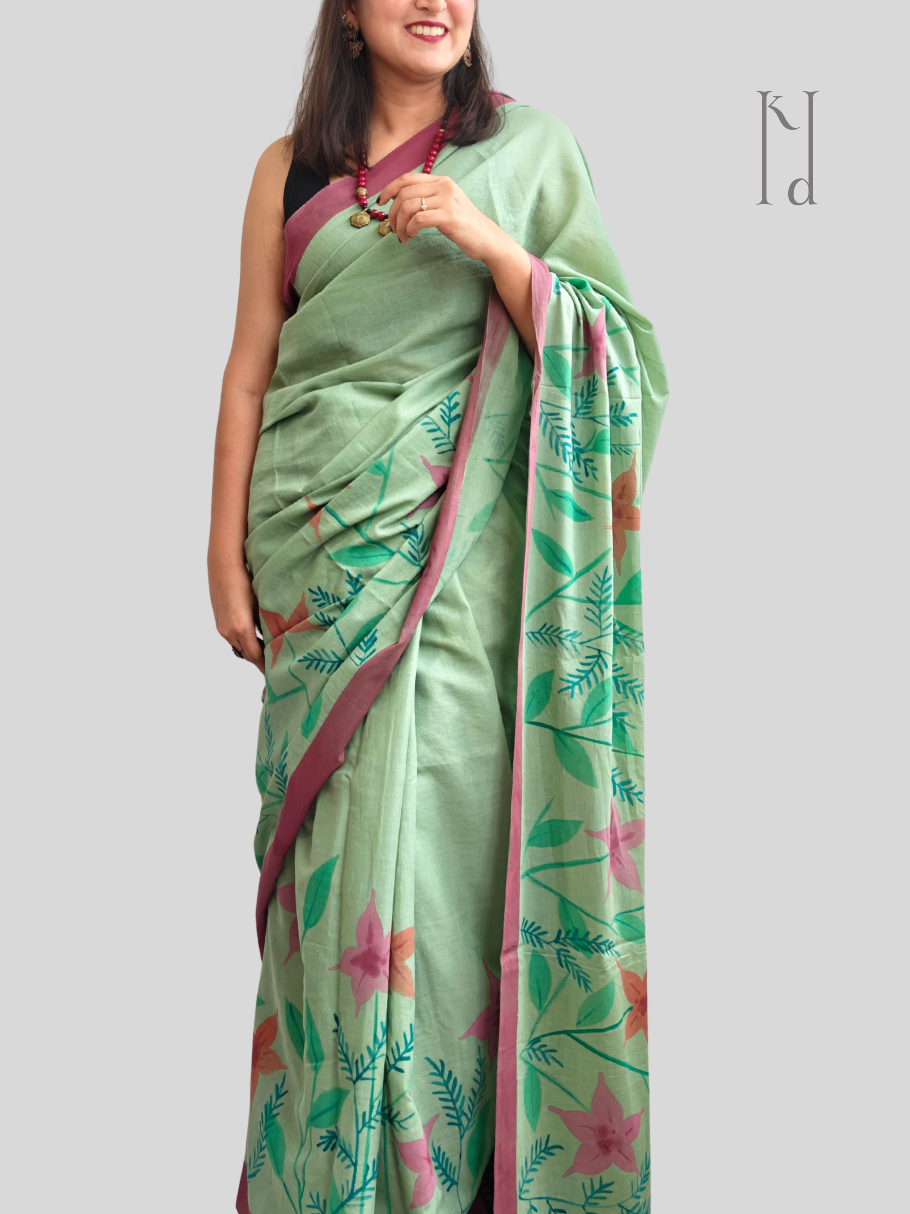 Abstract Floral Painted Mul Cotton Saree