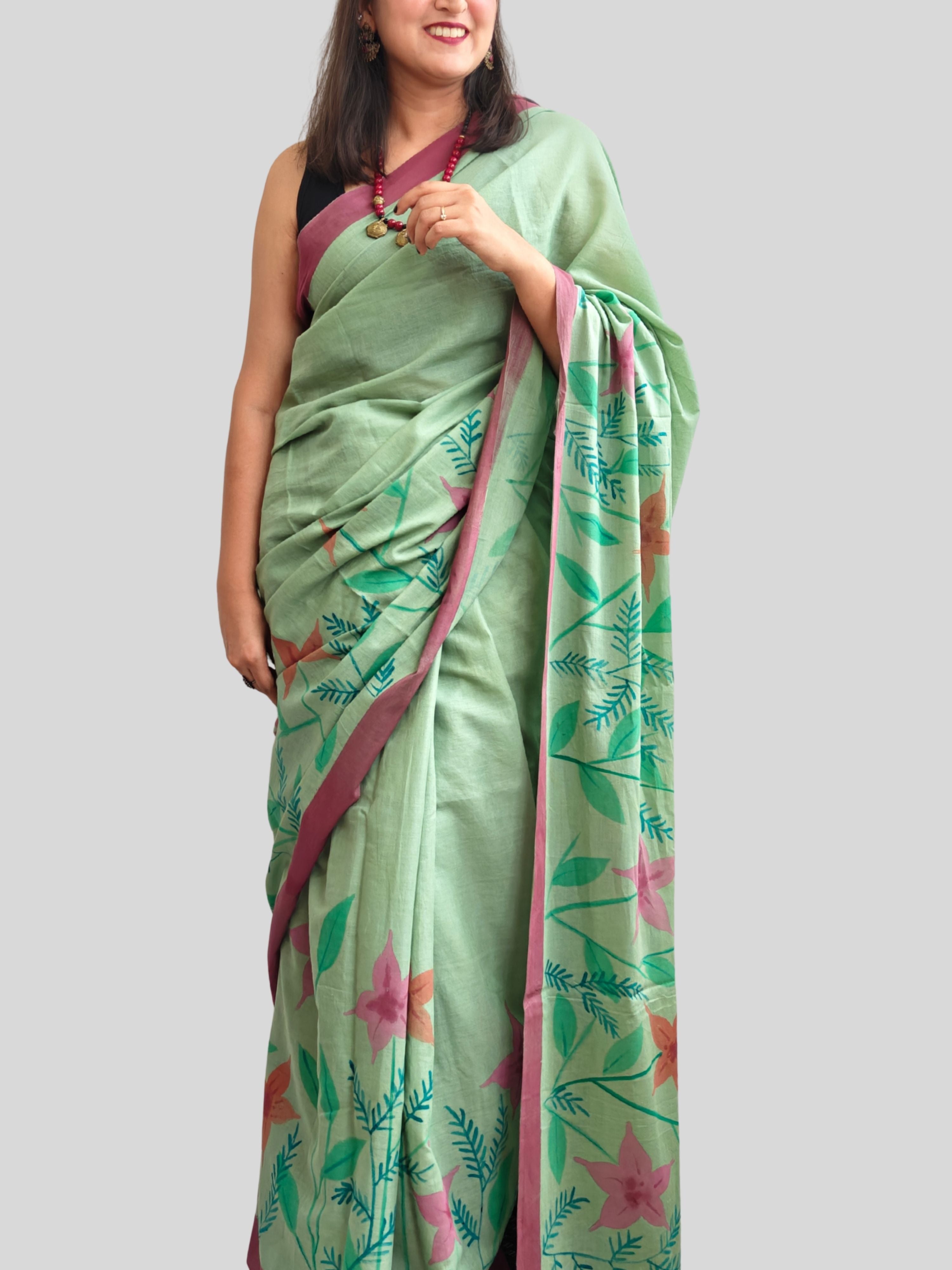 Abstract Floral Painted Mul Cotton Saree