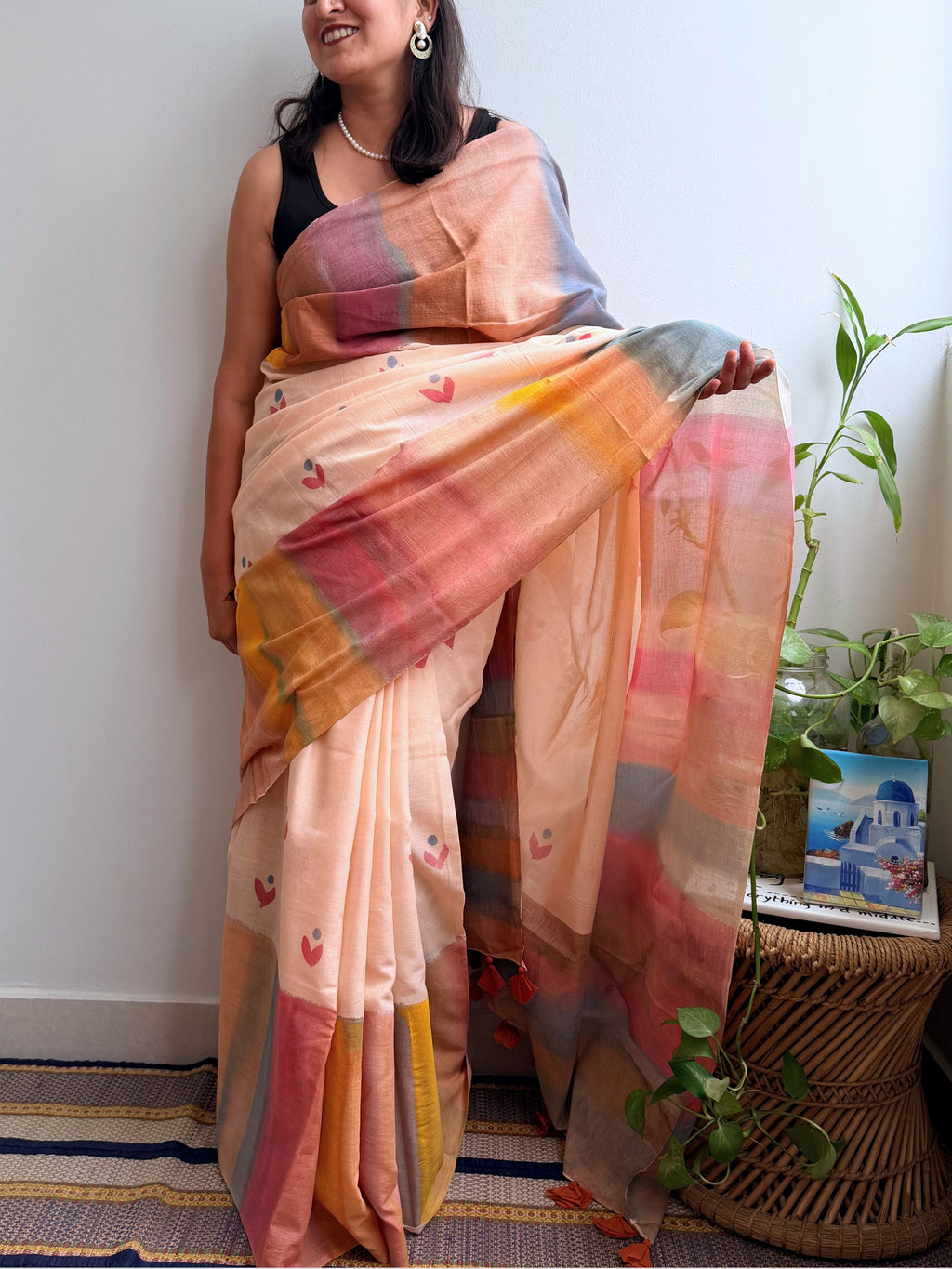 Peach Painted Mul Cotton Saree