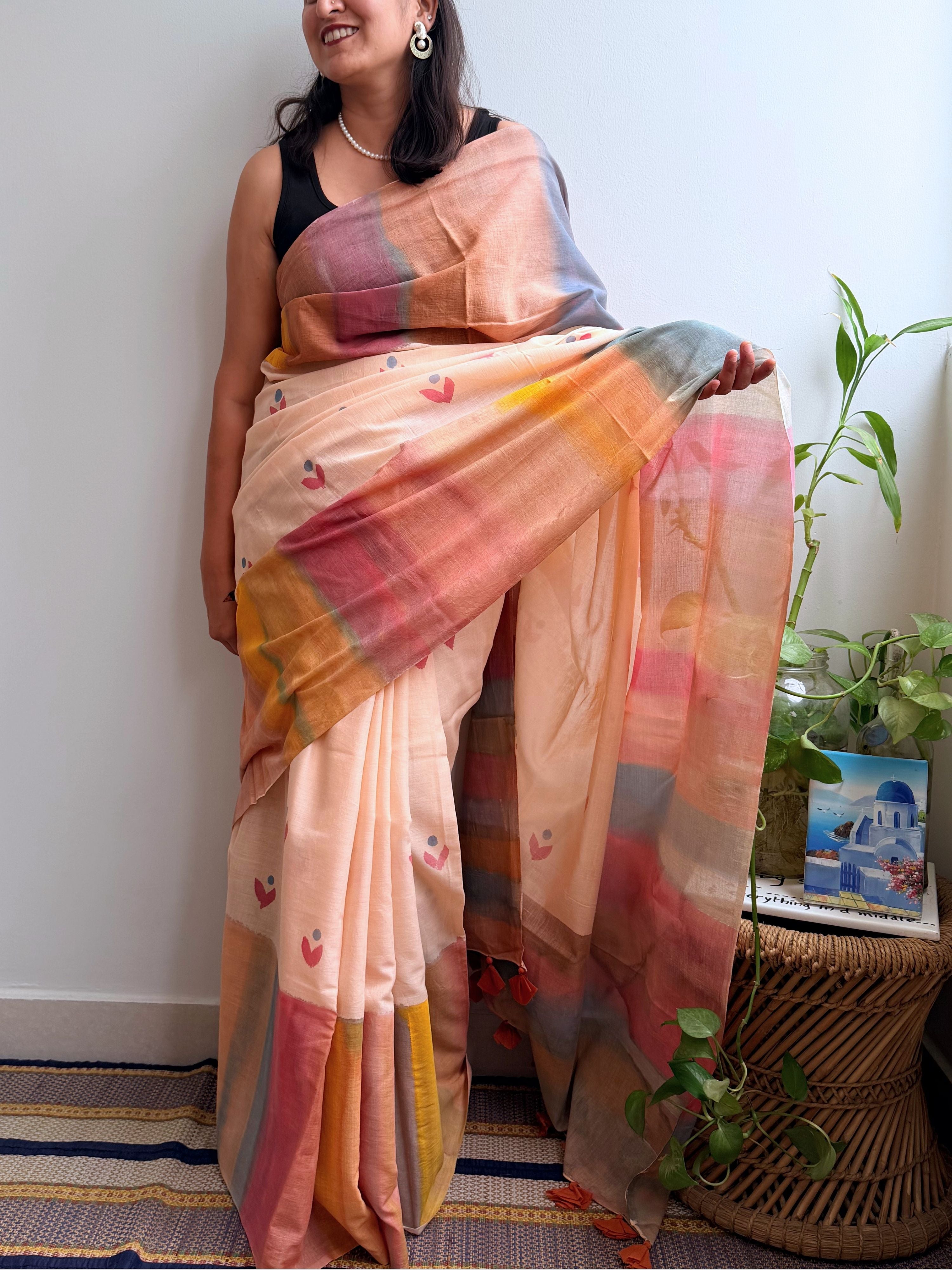 Peach Painted Mul Cotton Saree