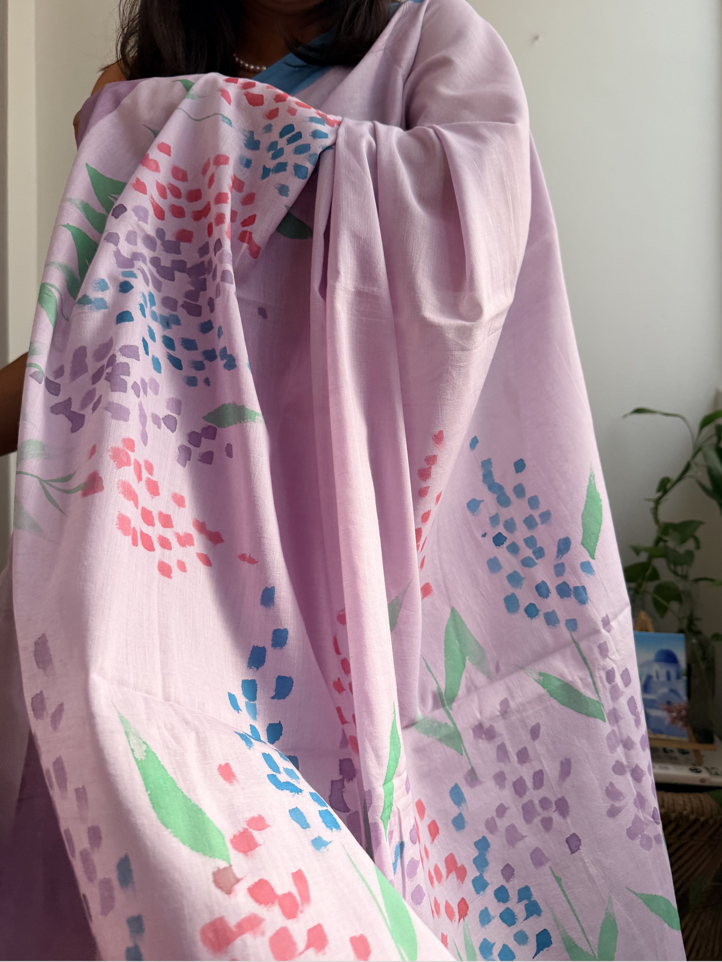 Delphi Painted Mul Cotton Saree- Purple