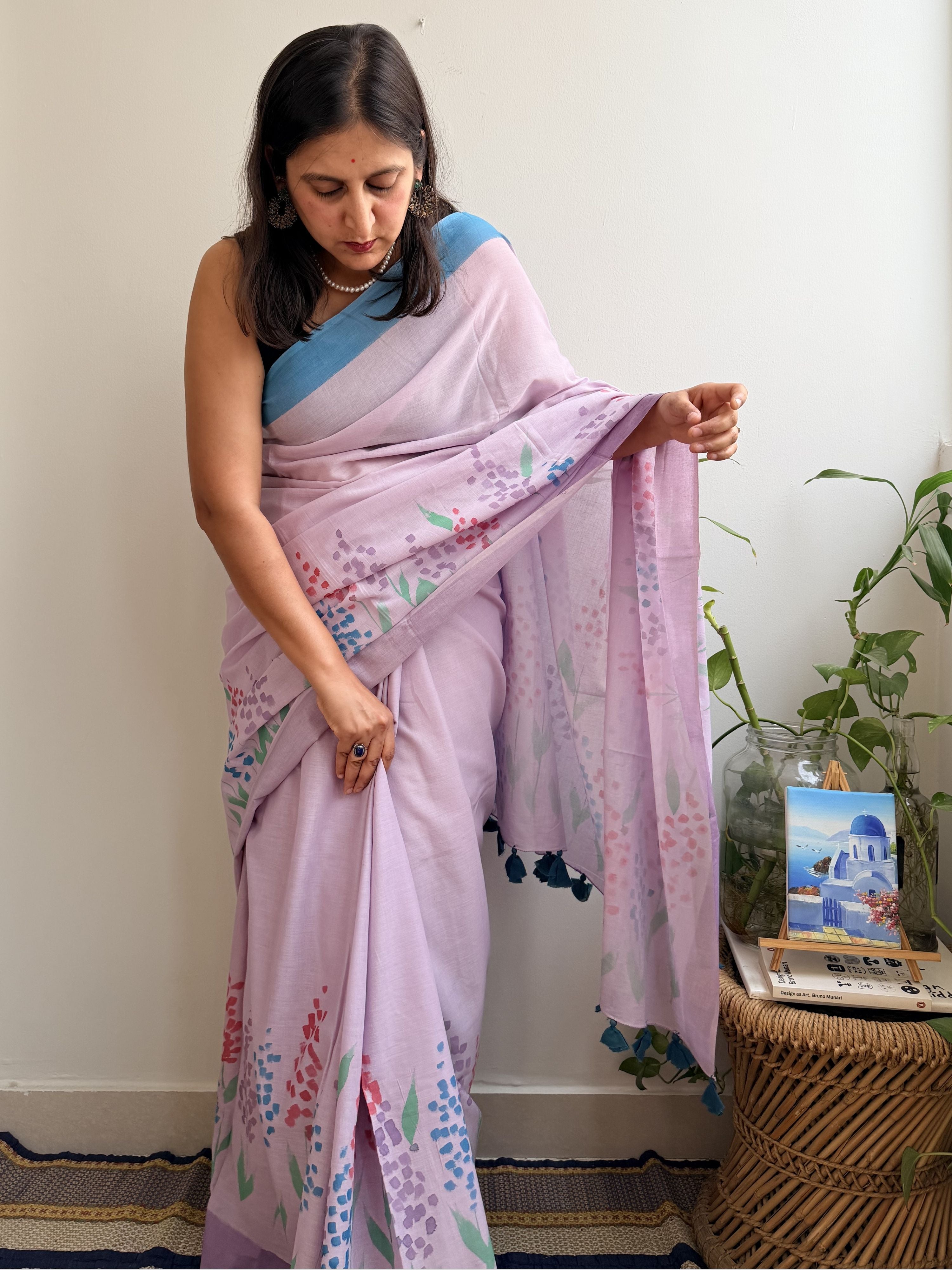 Delphi Painted Mul Cotton Saree- Purple