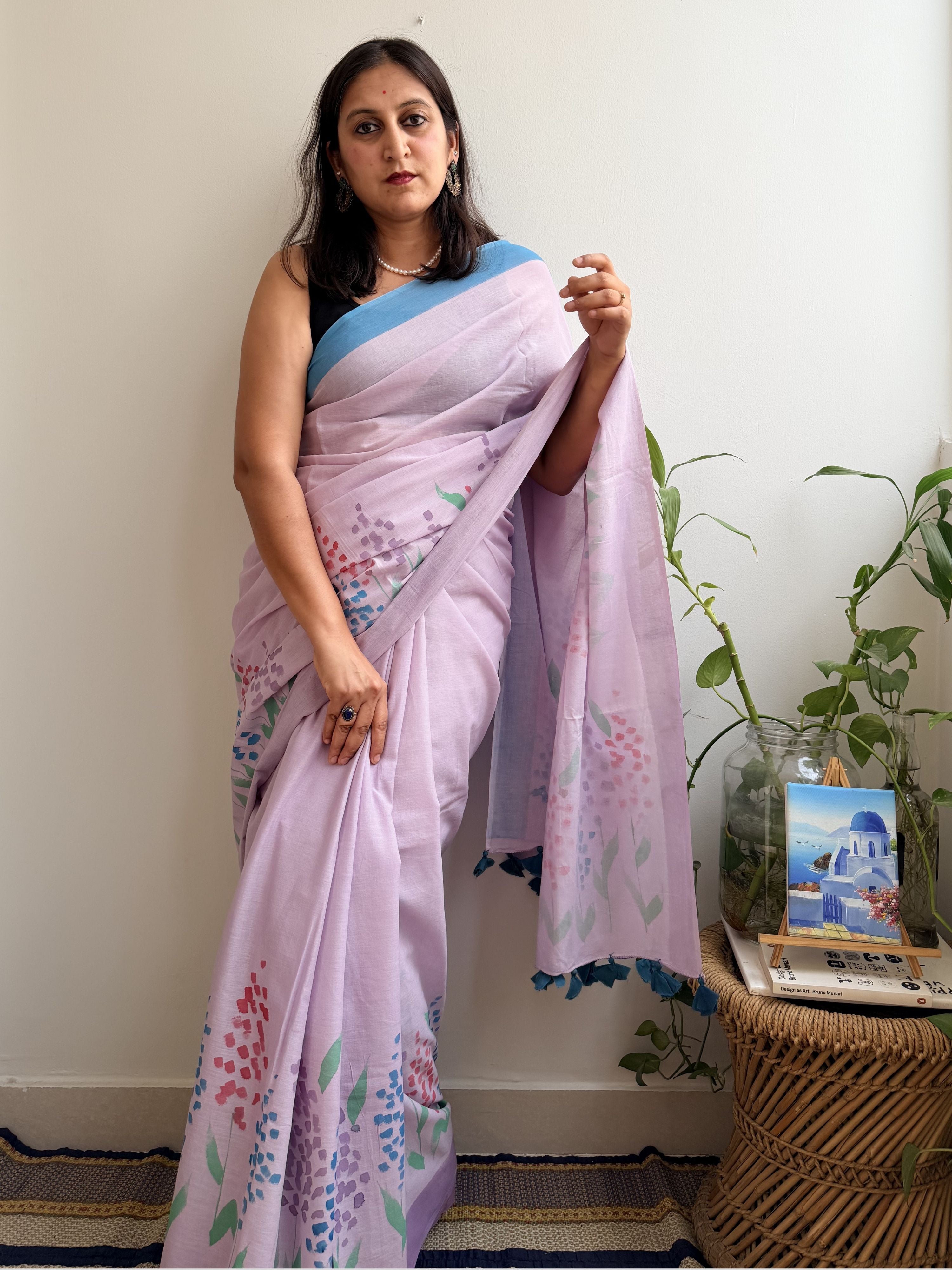 Delphi Painted Mul Cotton Saree- Purple