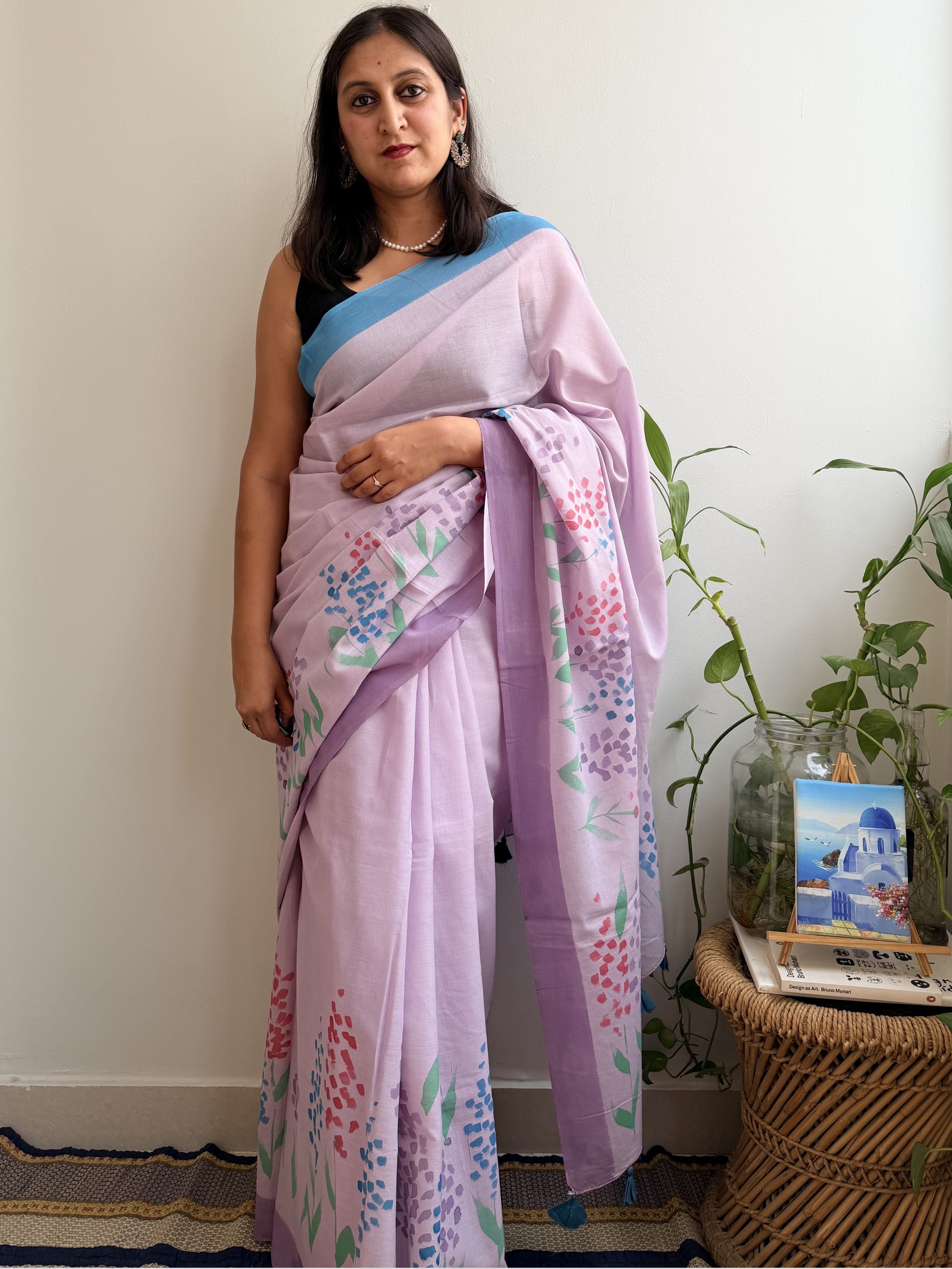 Delphi Painted Mul Cotton Saree- Purple