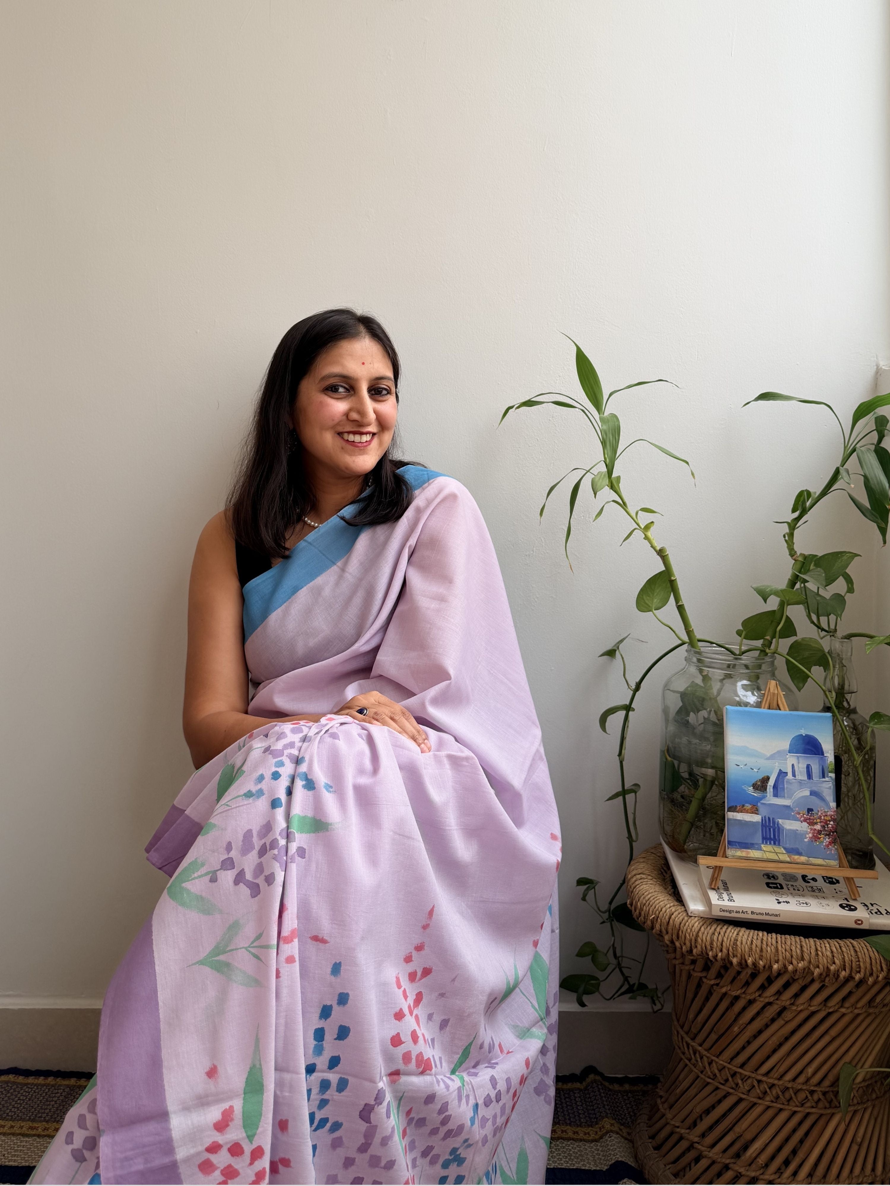 Delphi Painted Mul Cotton Saree- Purple