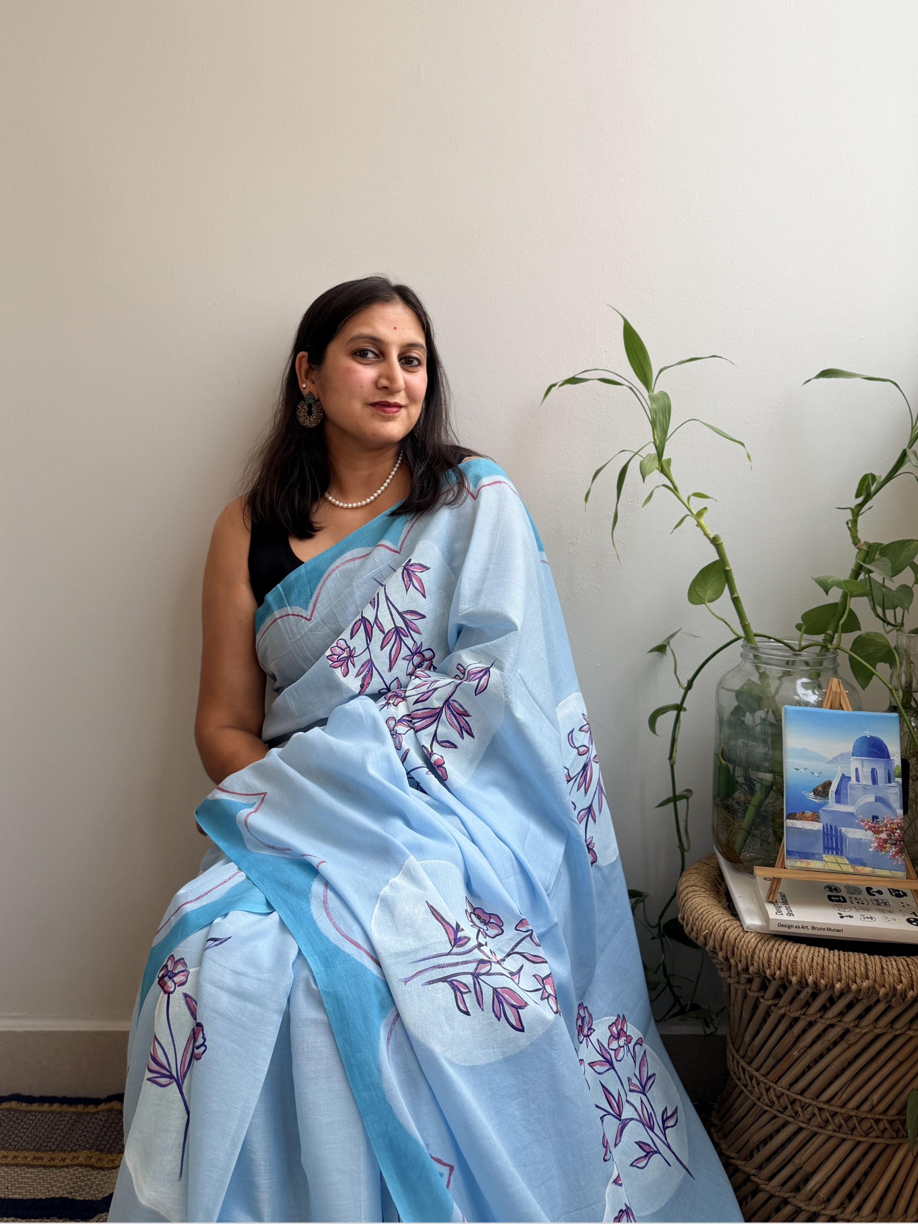 Periwinkle Painted Mul Cotton Saree