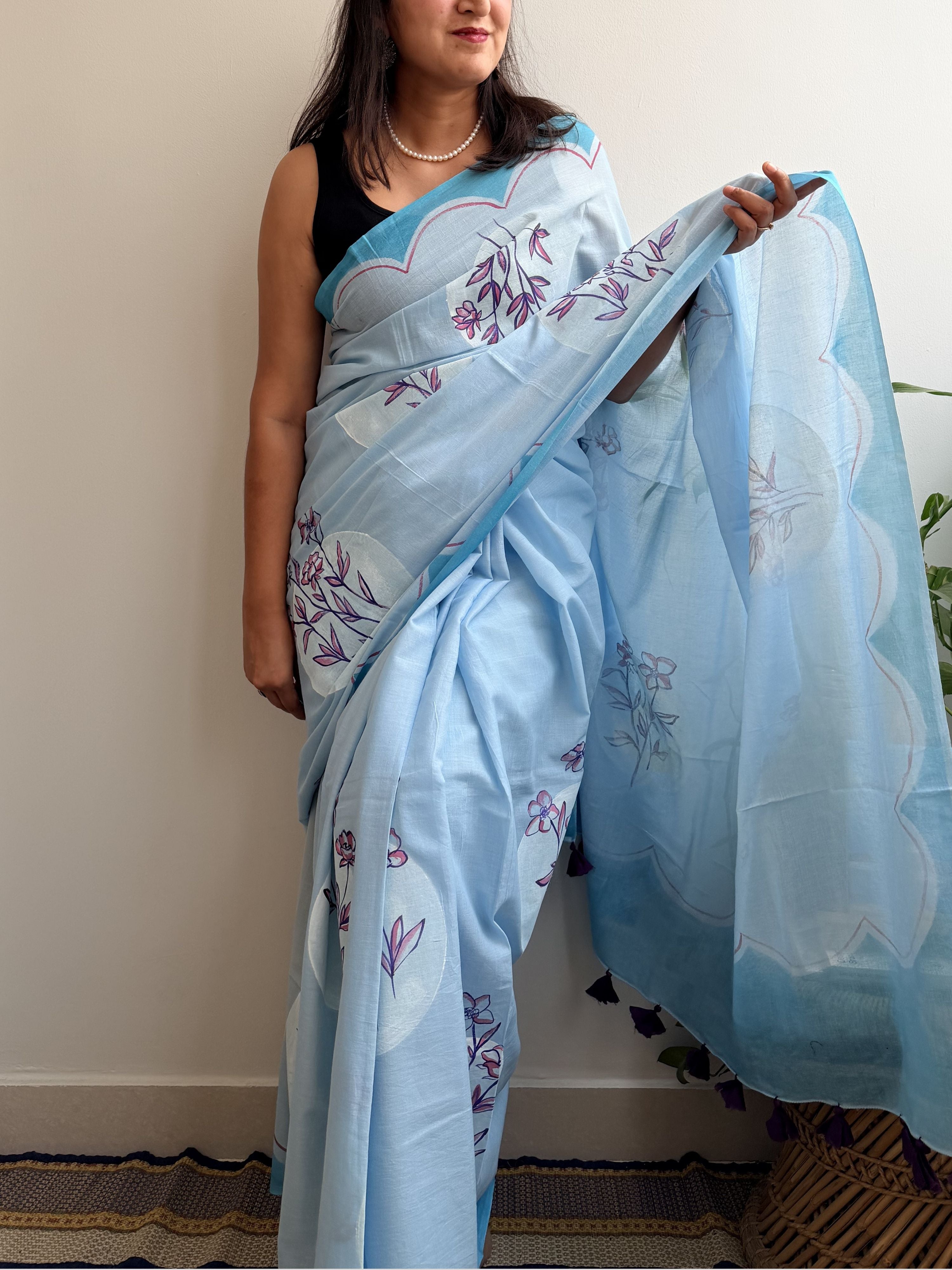 Periwinkle Painted Mul Cotton Saree