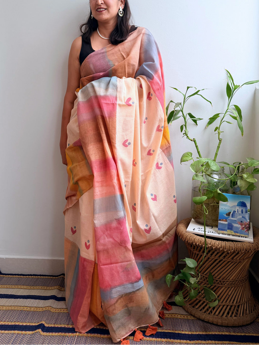 Peach Painted Mul Cotton Saree