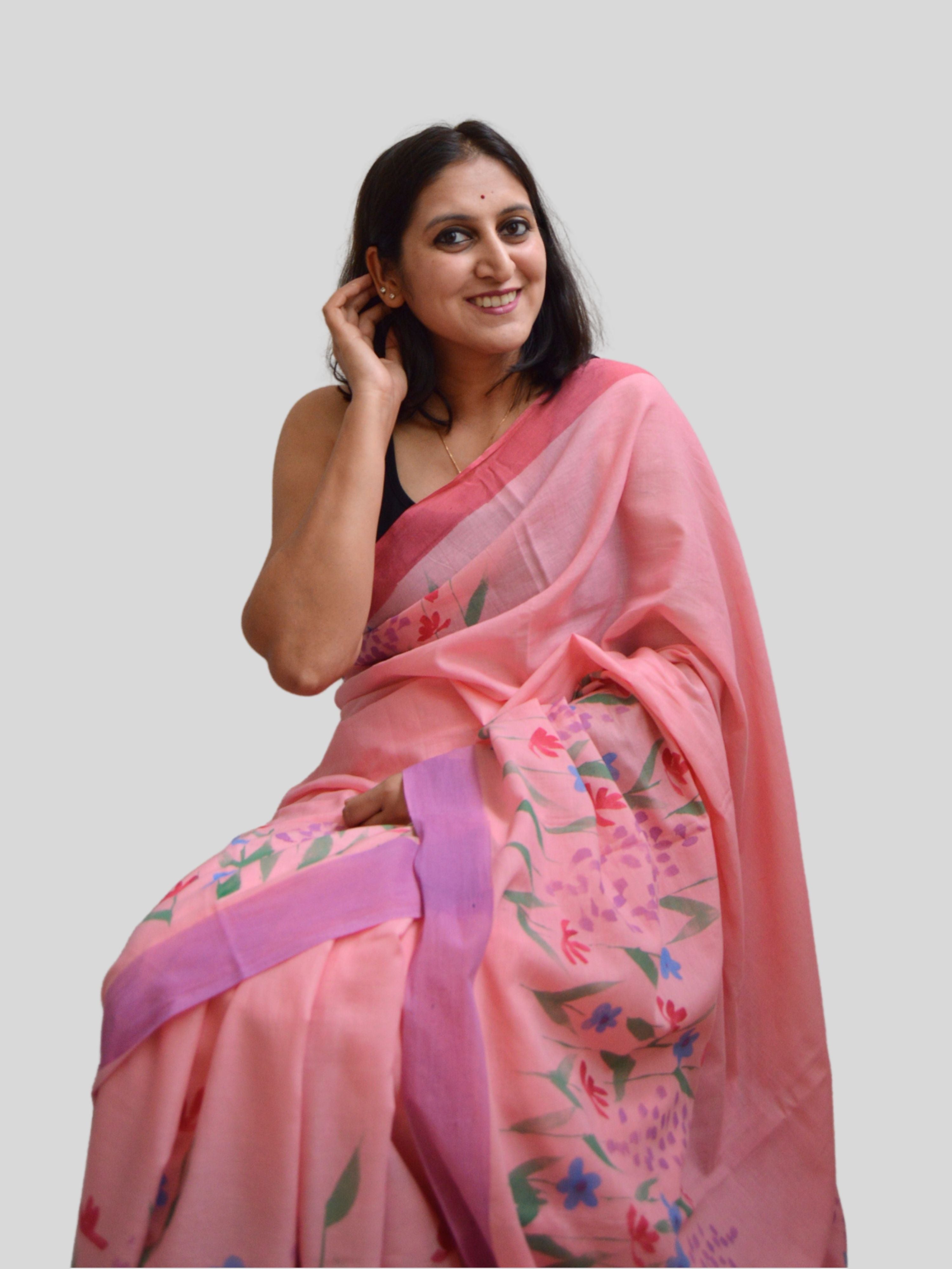 Wildflowers Painted Mul Cotton Saree- Pink