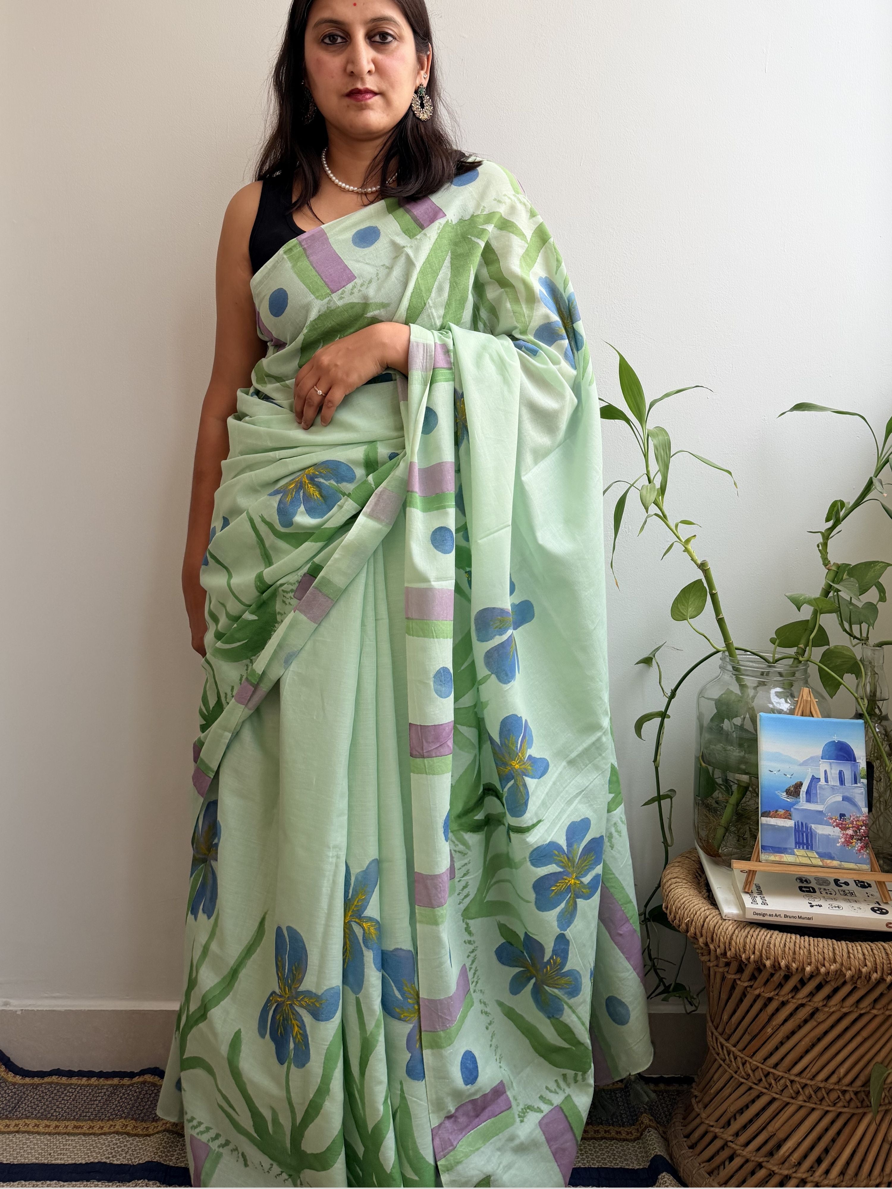 Iris Painted Mul Cotton Saree