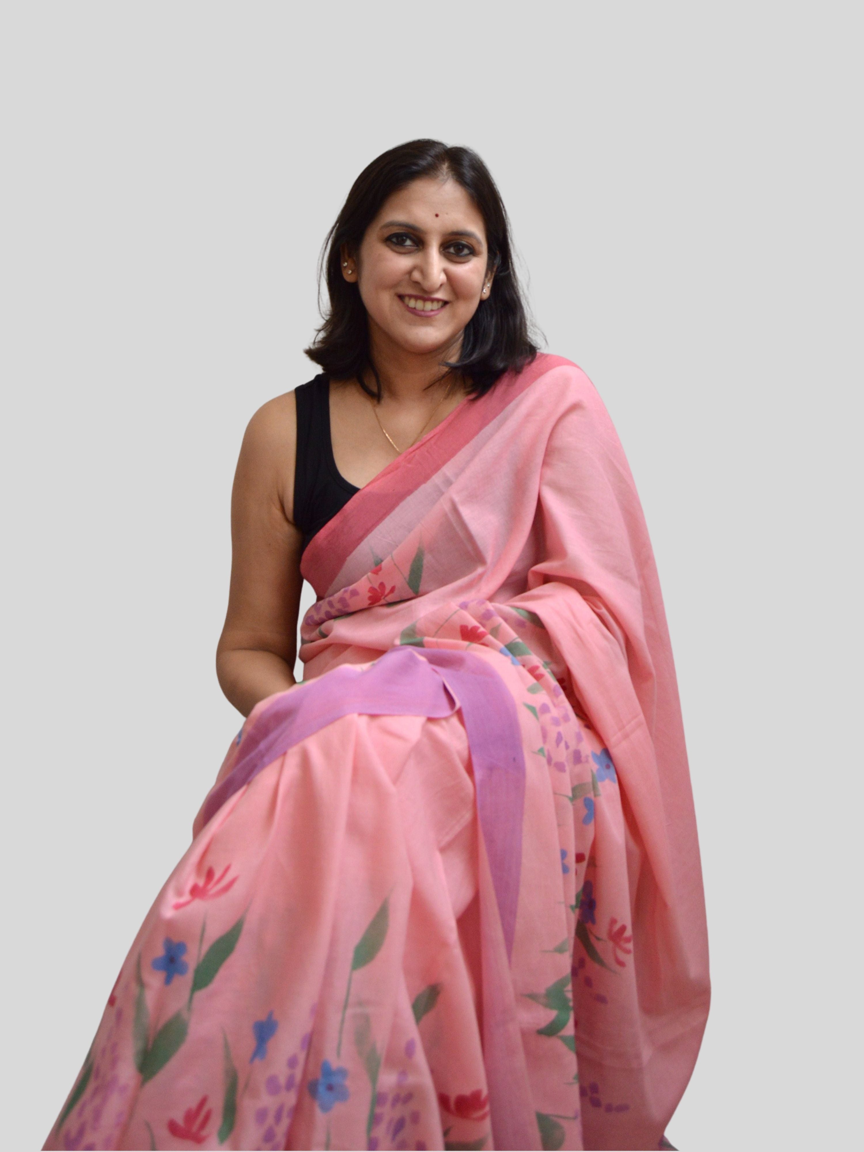Wildflowers Painted Mul Cotton Saree- Pink