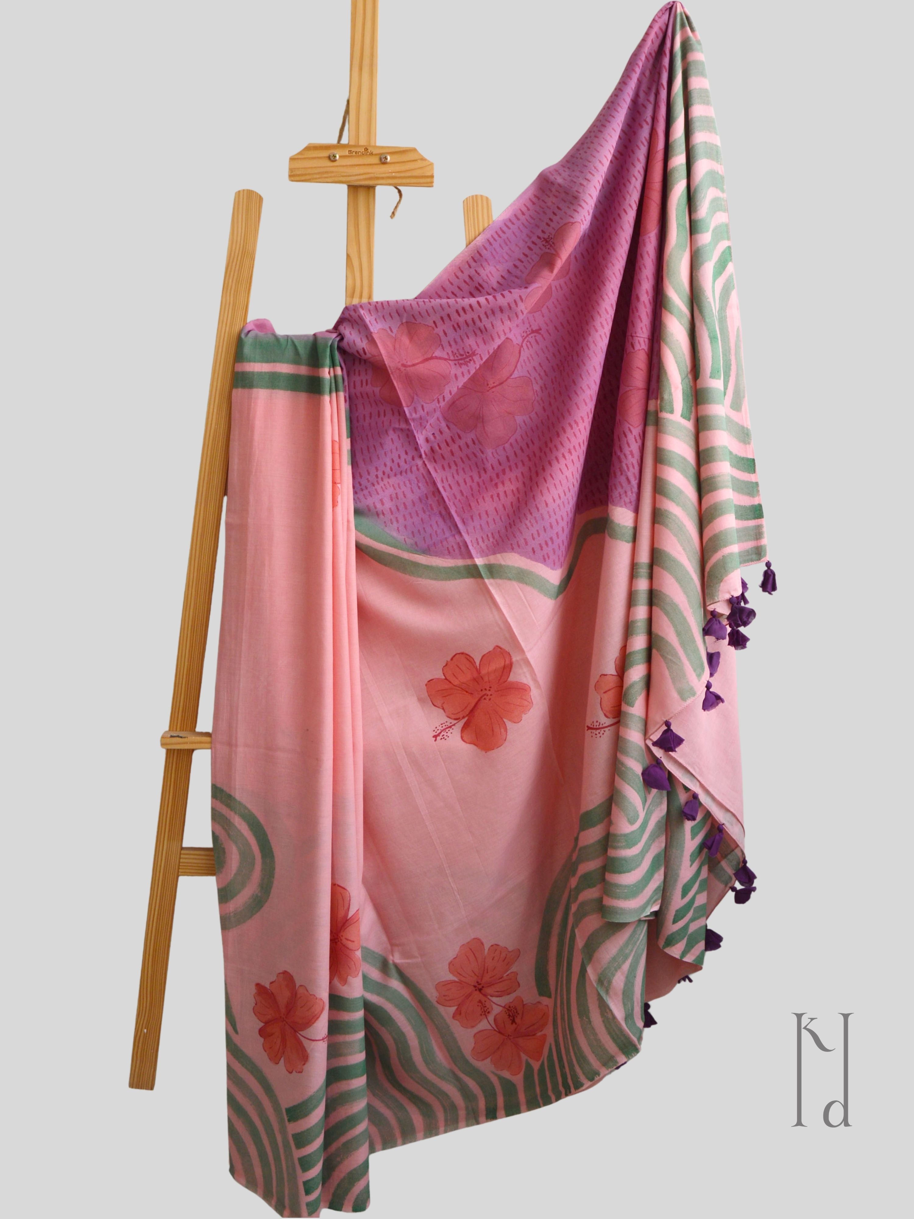 Bagiya Painted Mul Cotton Saree- Pink