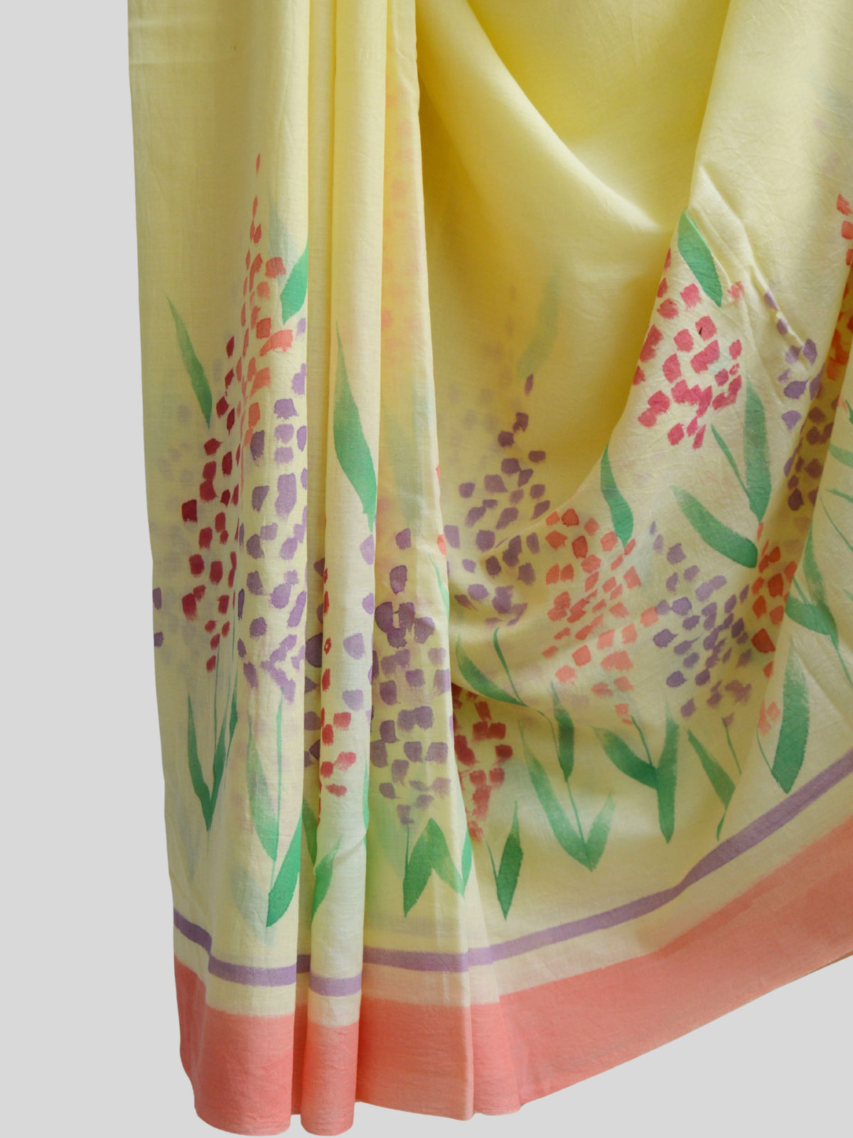 Delphi Painted Mul Cotton Saree- Yellow