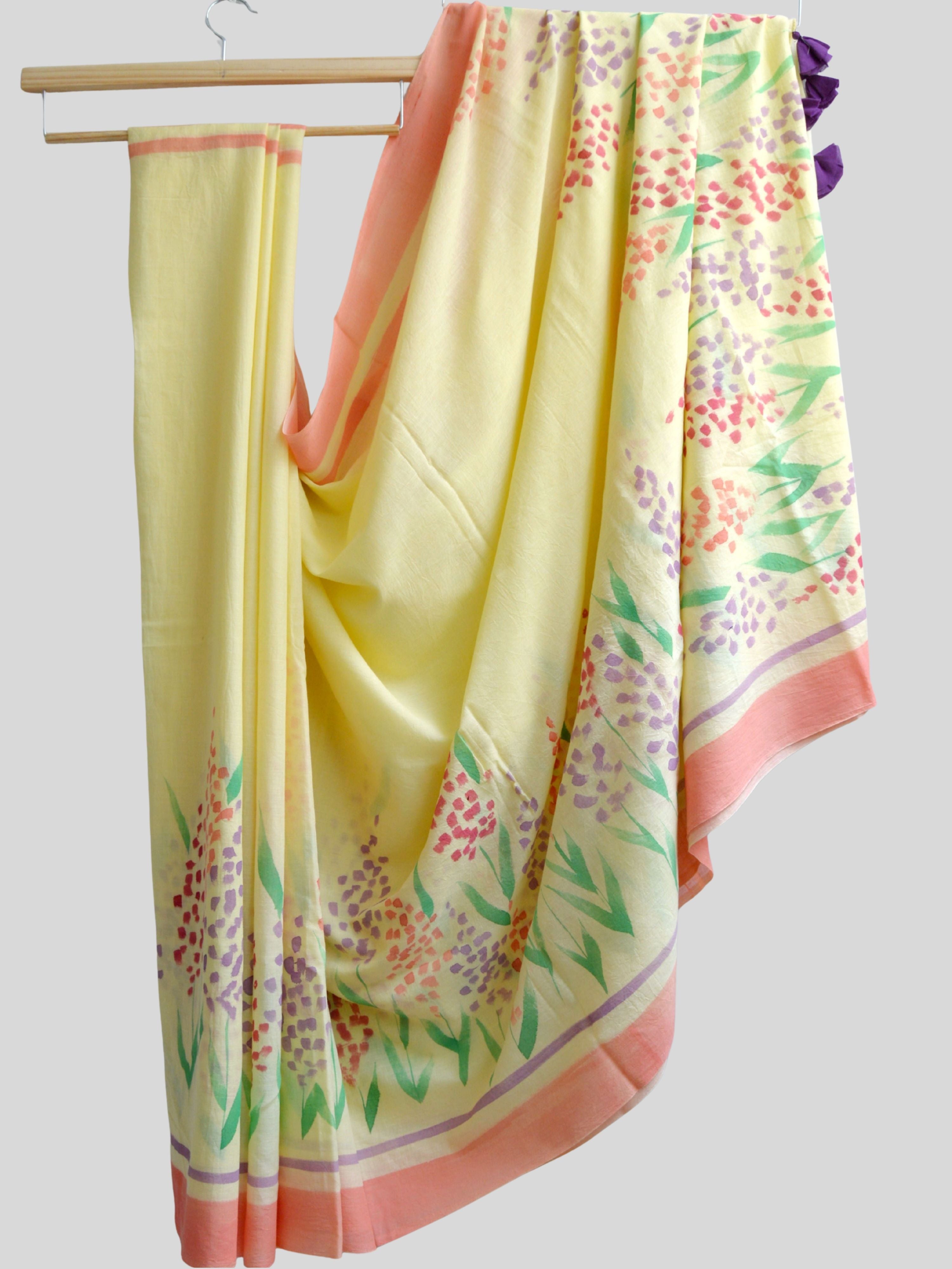 Delphi Painted Mul Cotton Saree- Yellow