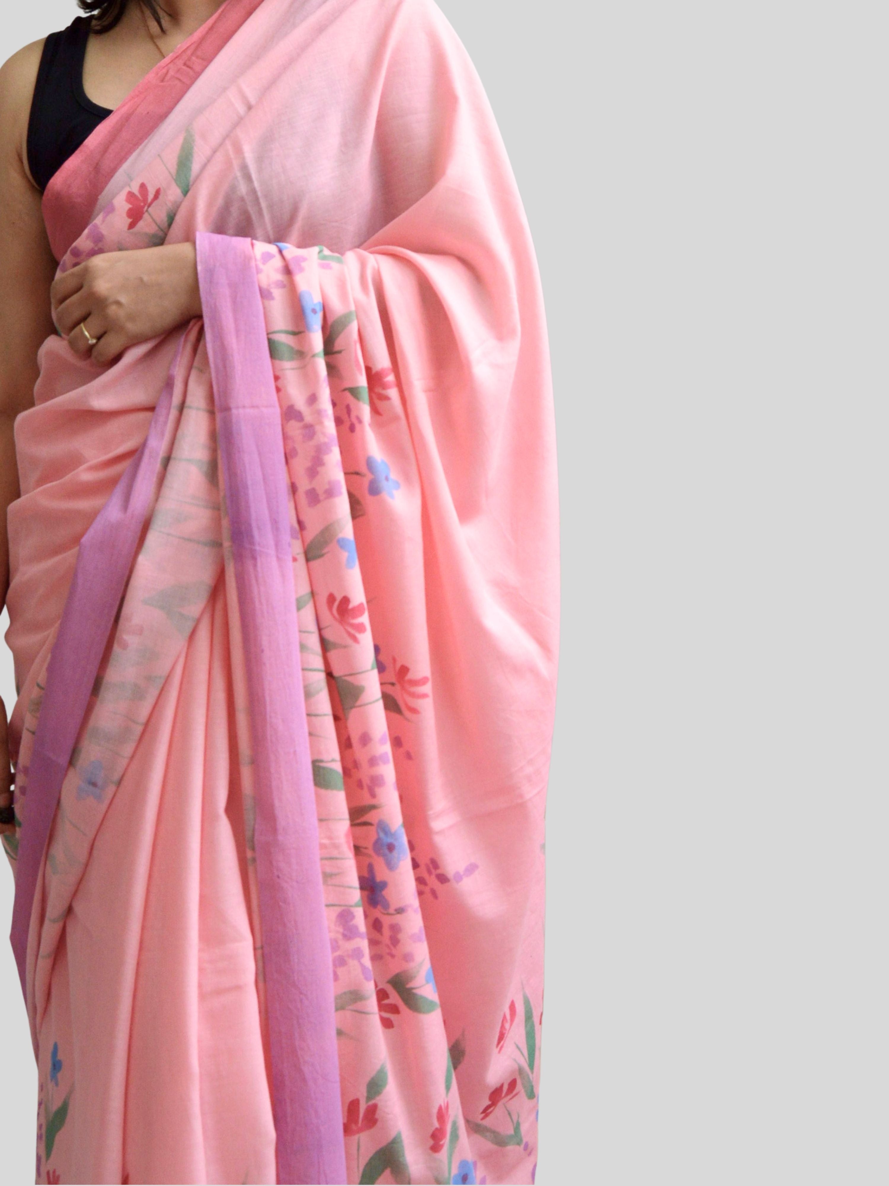 Wildflowers Painted Mul Cotton Saree- Pink