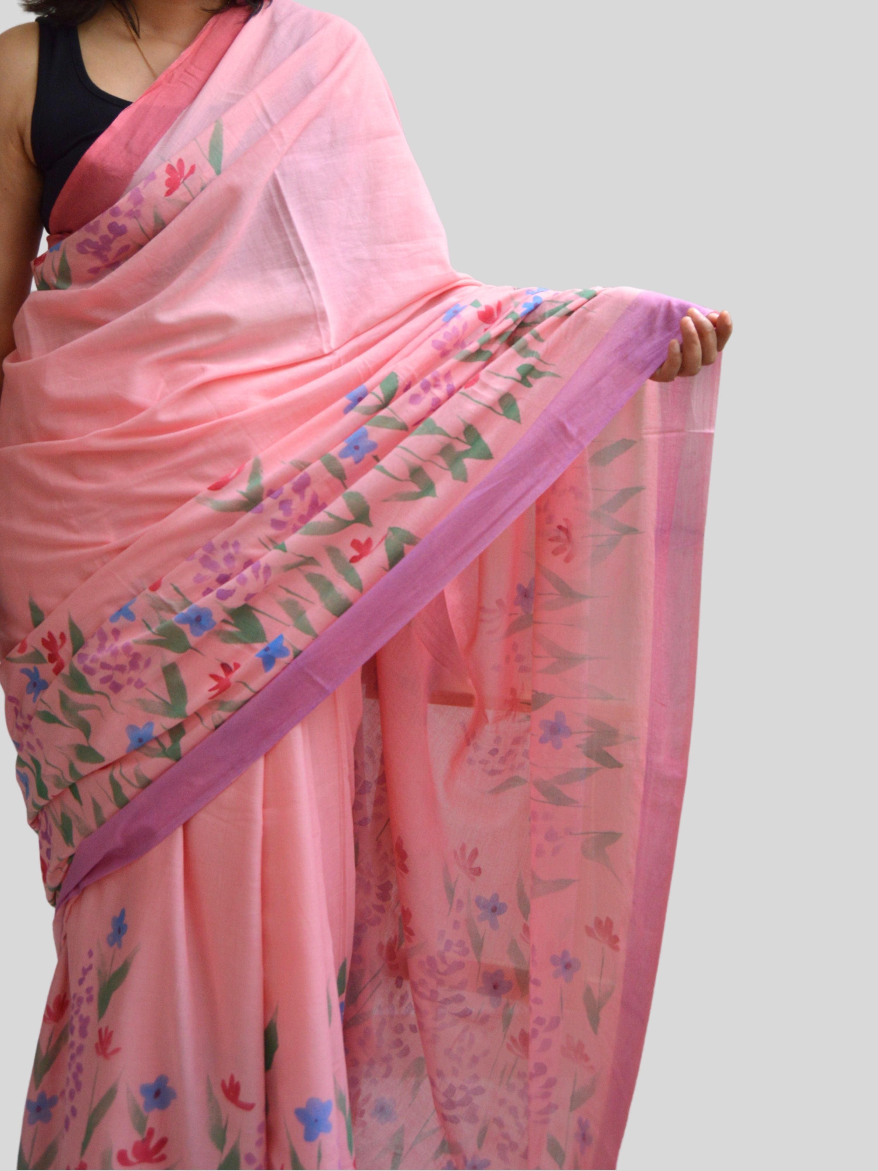 Wildflowers Painted Mul Cotton Saree- Pink