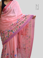 Wildflowers Painted Mul Cotton Saree- Pink