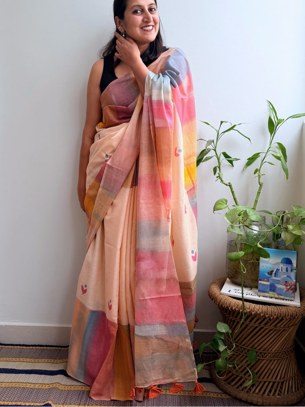 Peach Painted Mul Cotton Saree
