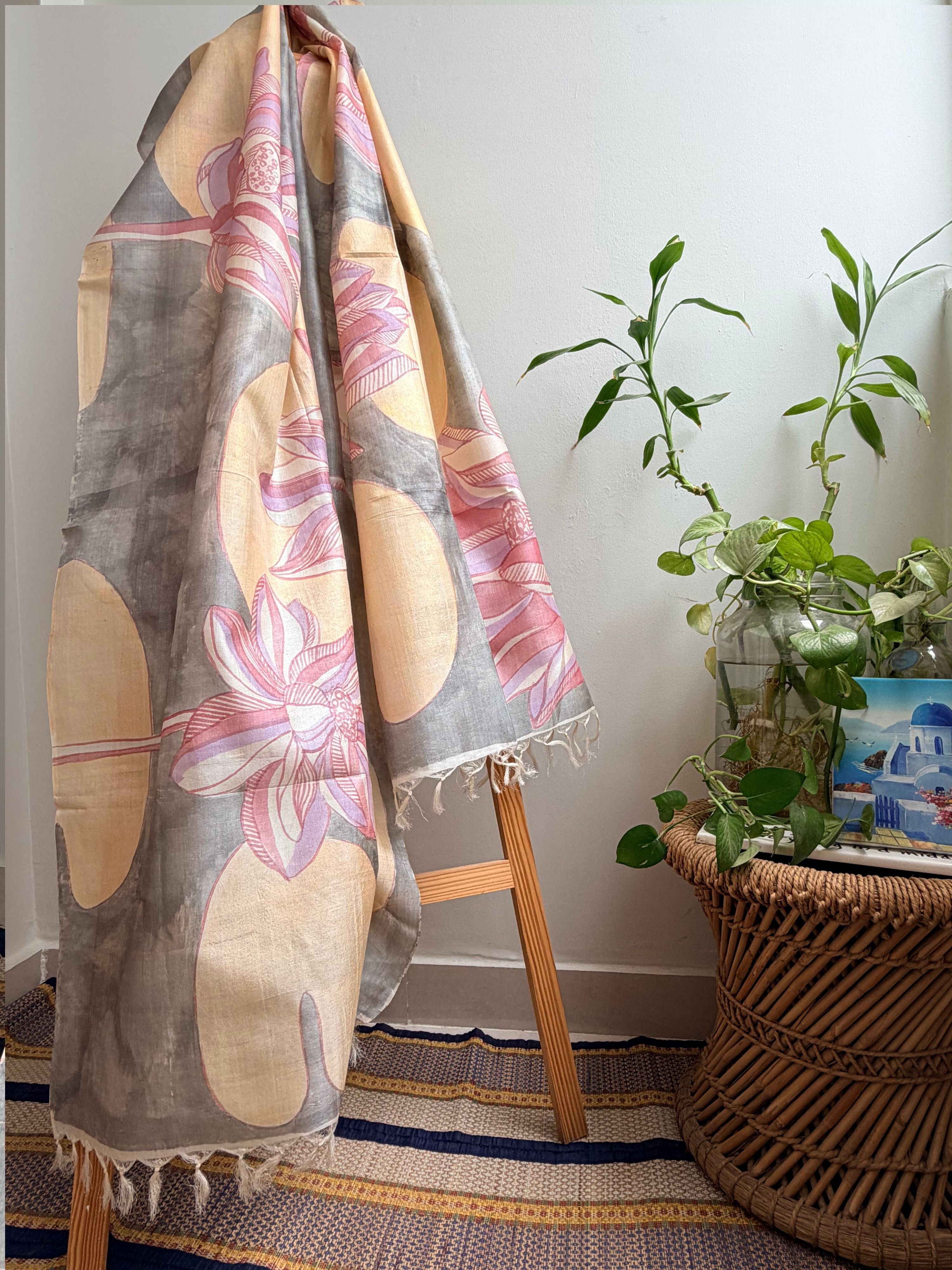Lotus Painted Silk Dupatta
