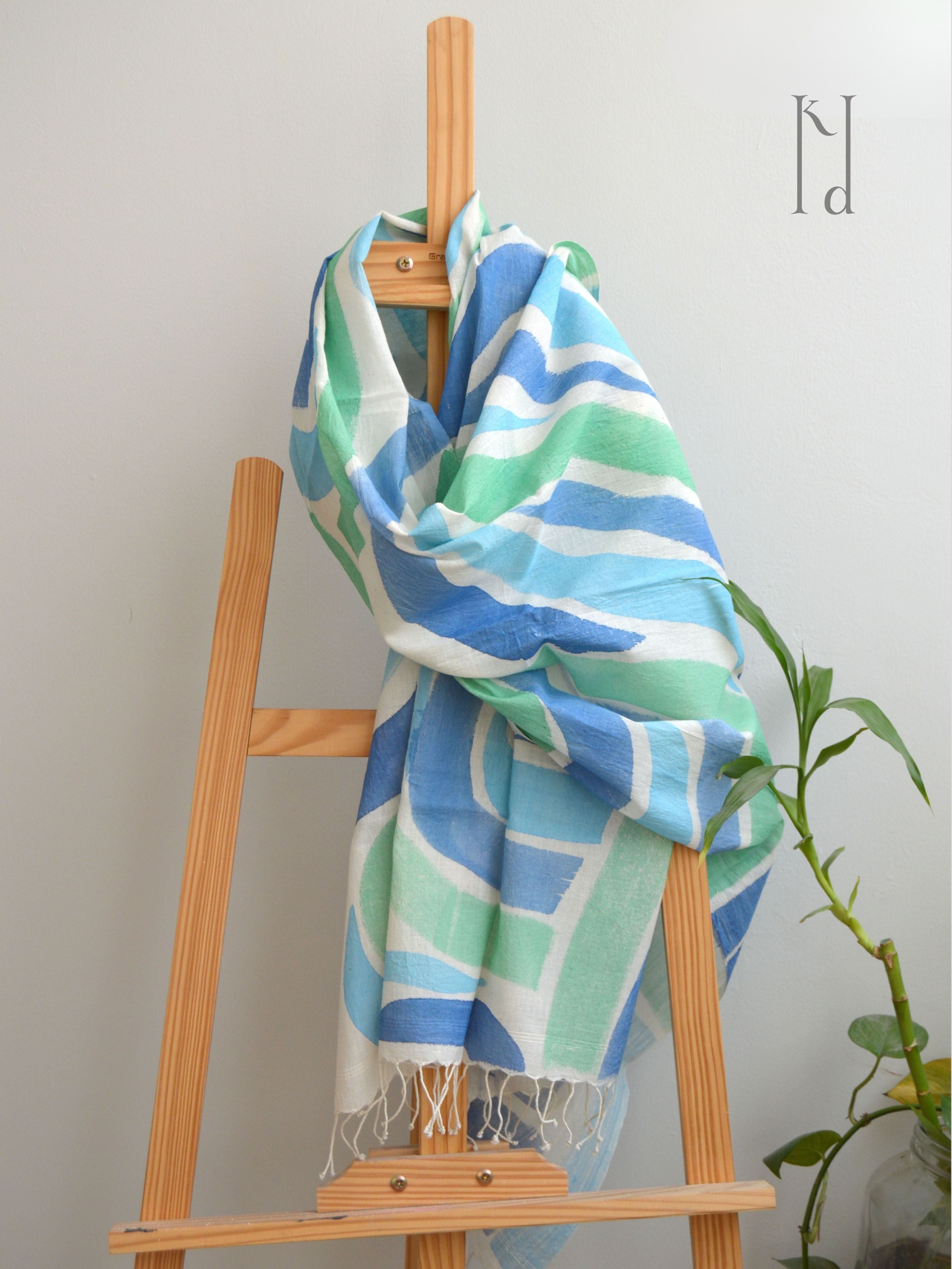 Vaayu Blue Muslin Cotton Painted Stole