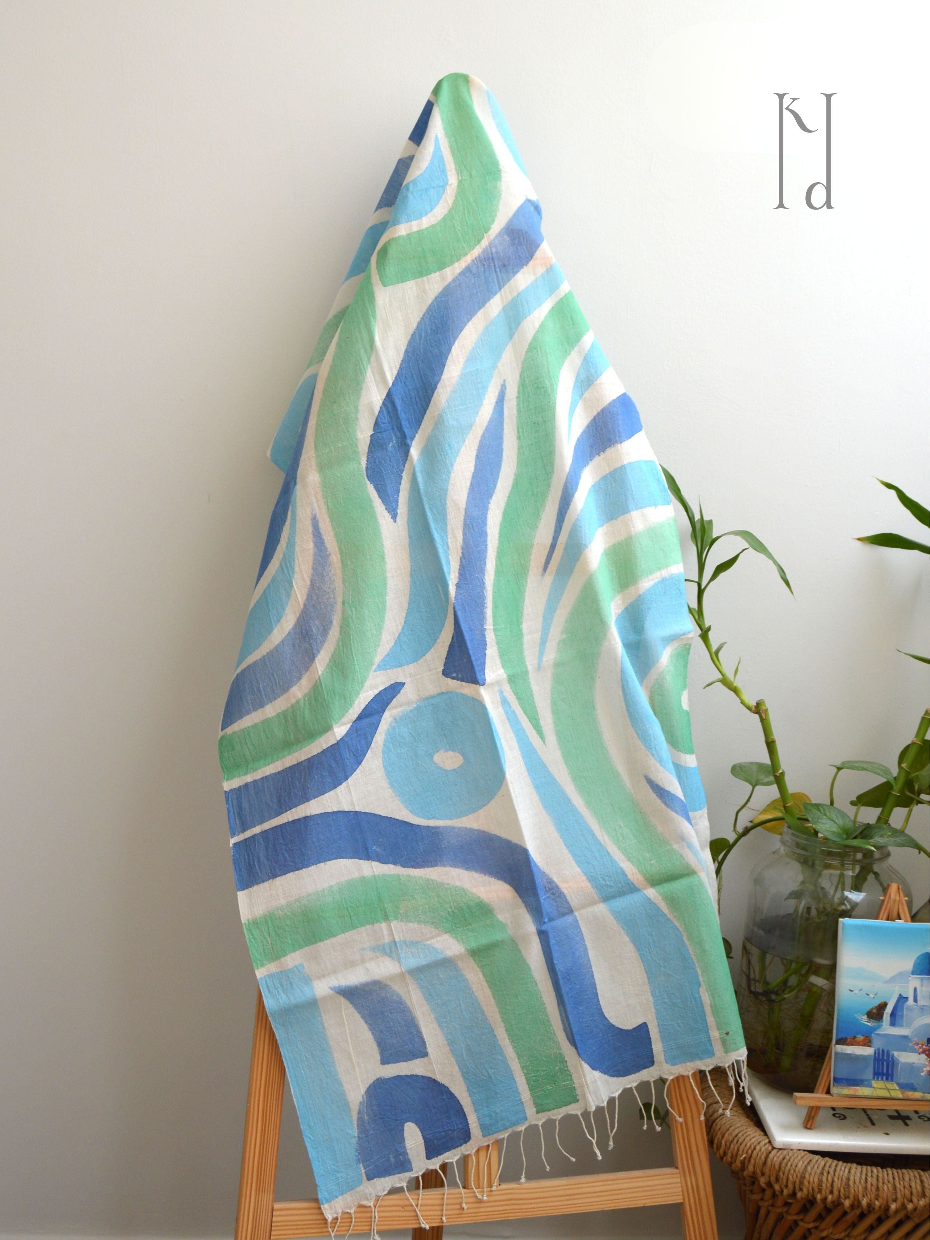 Vaayu Blue Muslin Cotton Painted Stole