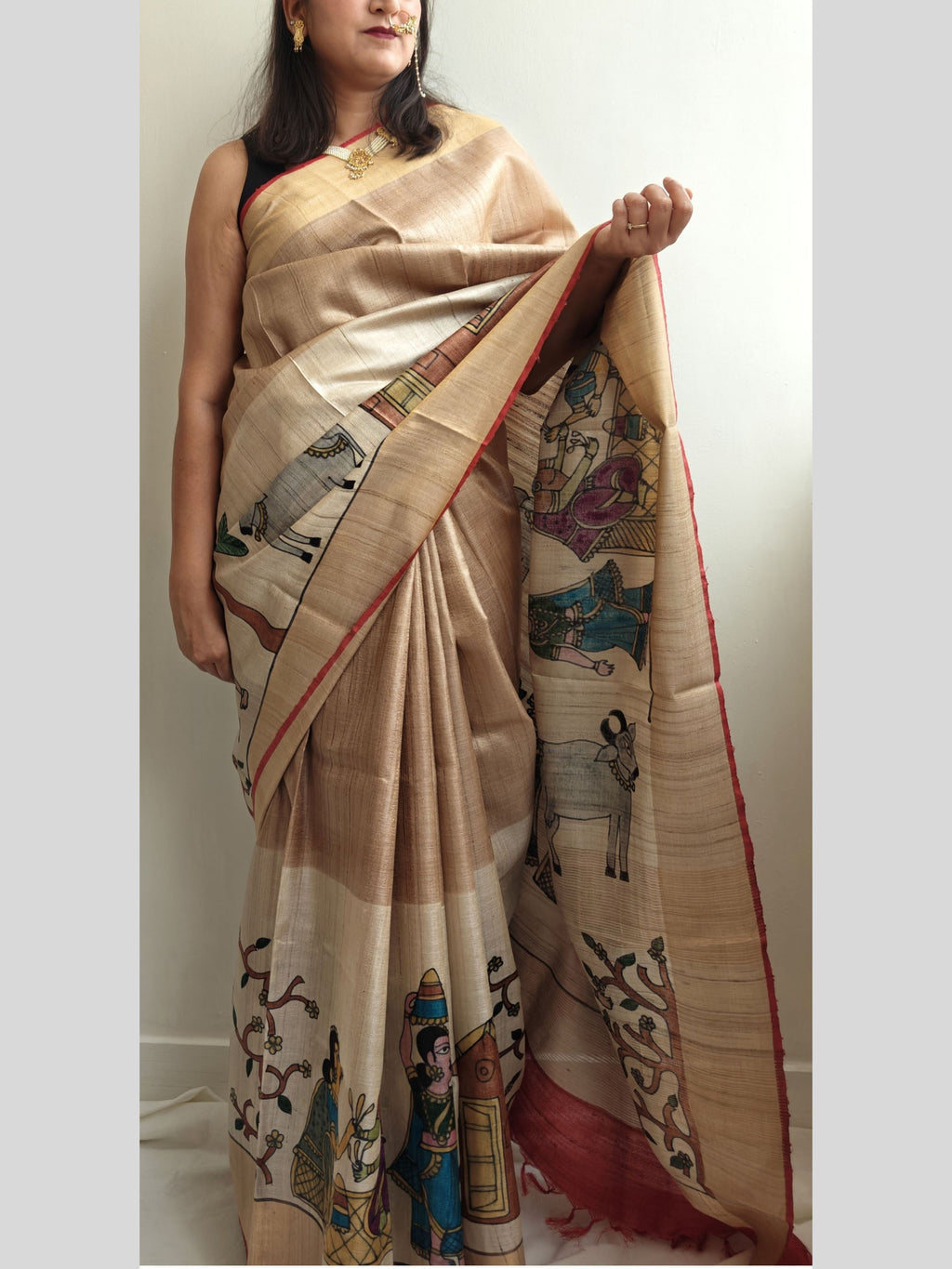 Rozana Painted Tussar Saree- Red