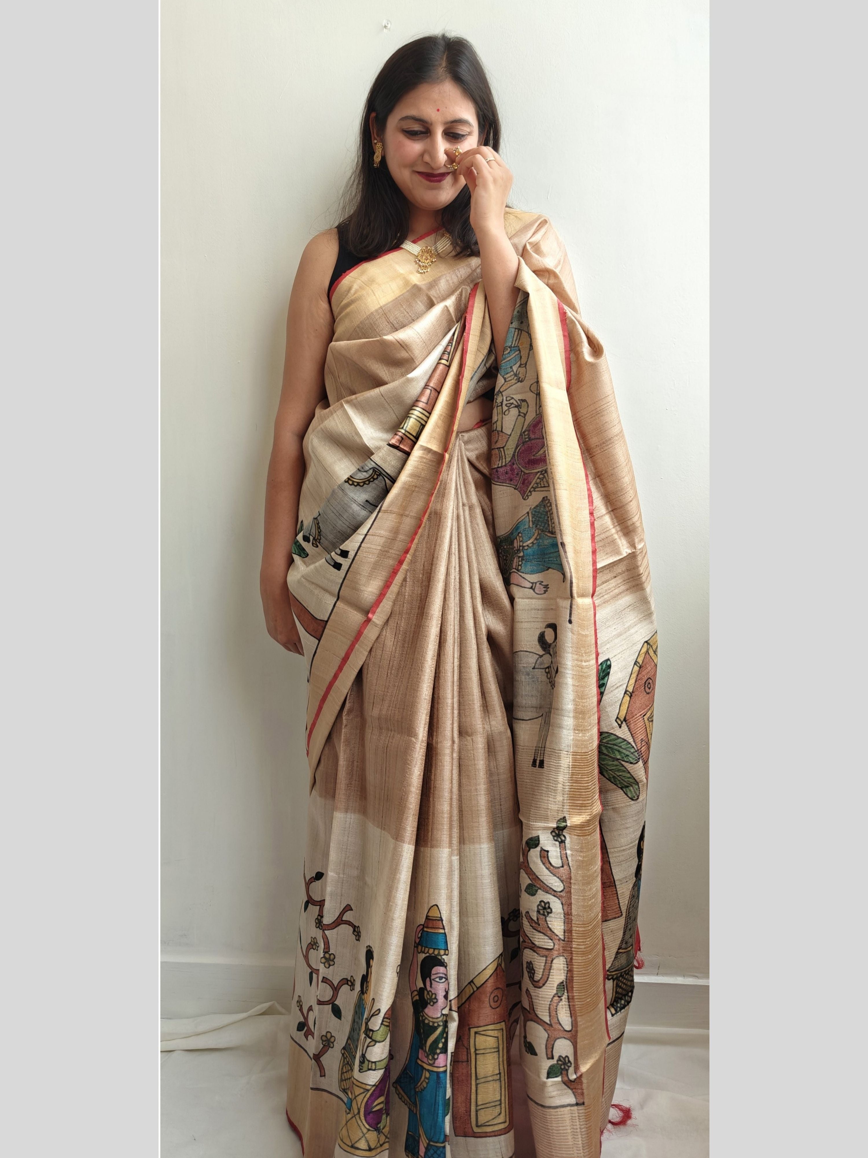 Rozana Painted Tussar Saree- Red