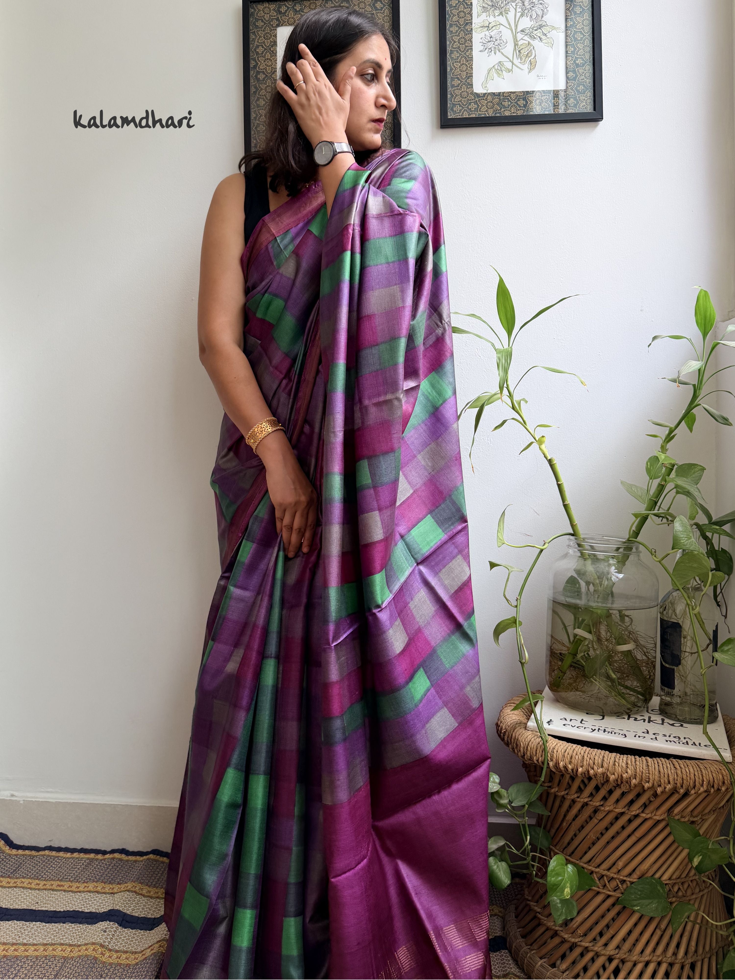 Plaid Kosa Silk Saree