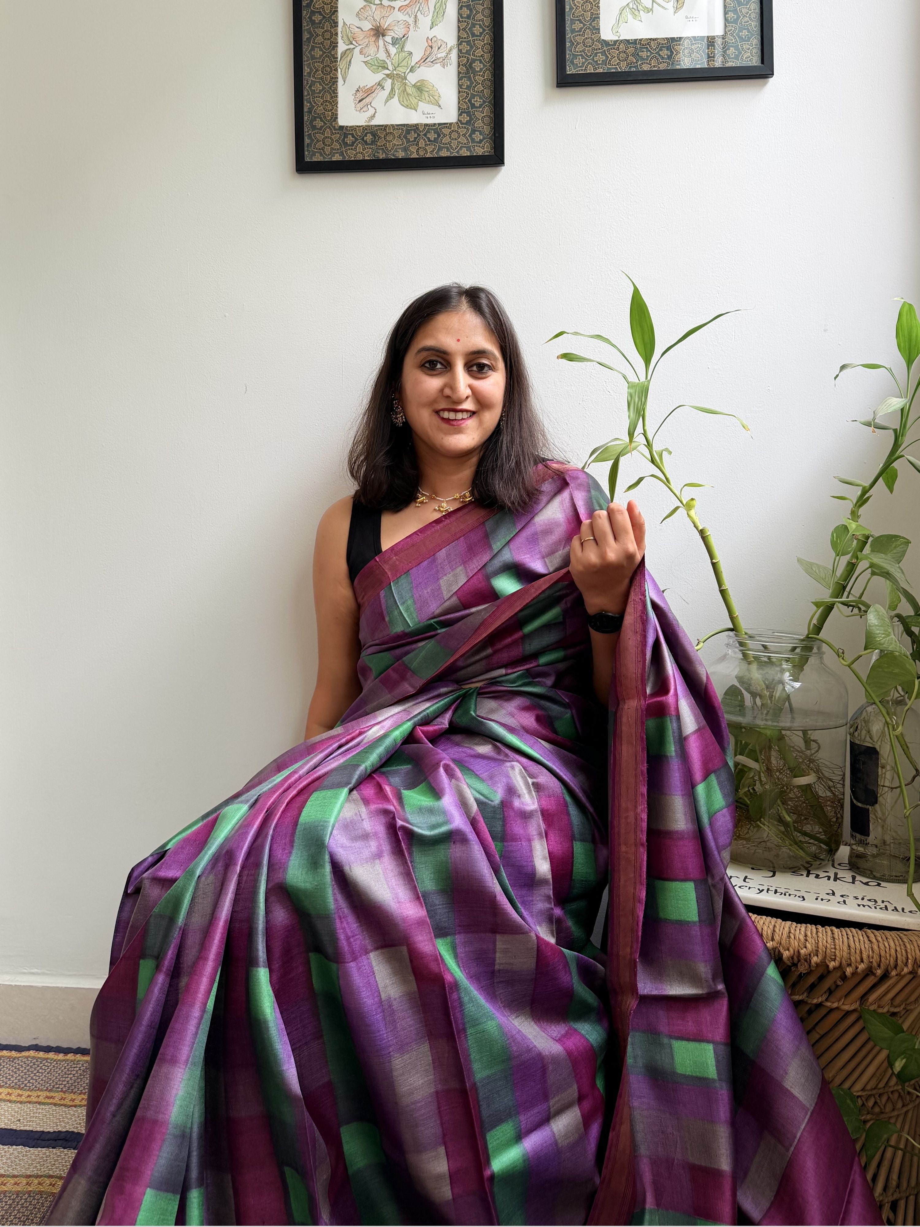 Plaid Painted Tussar Saree