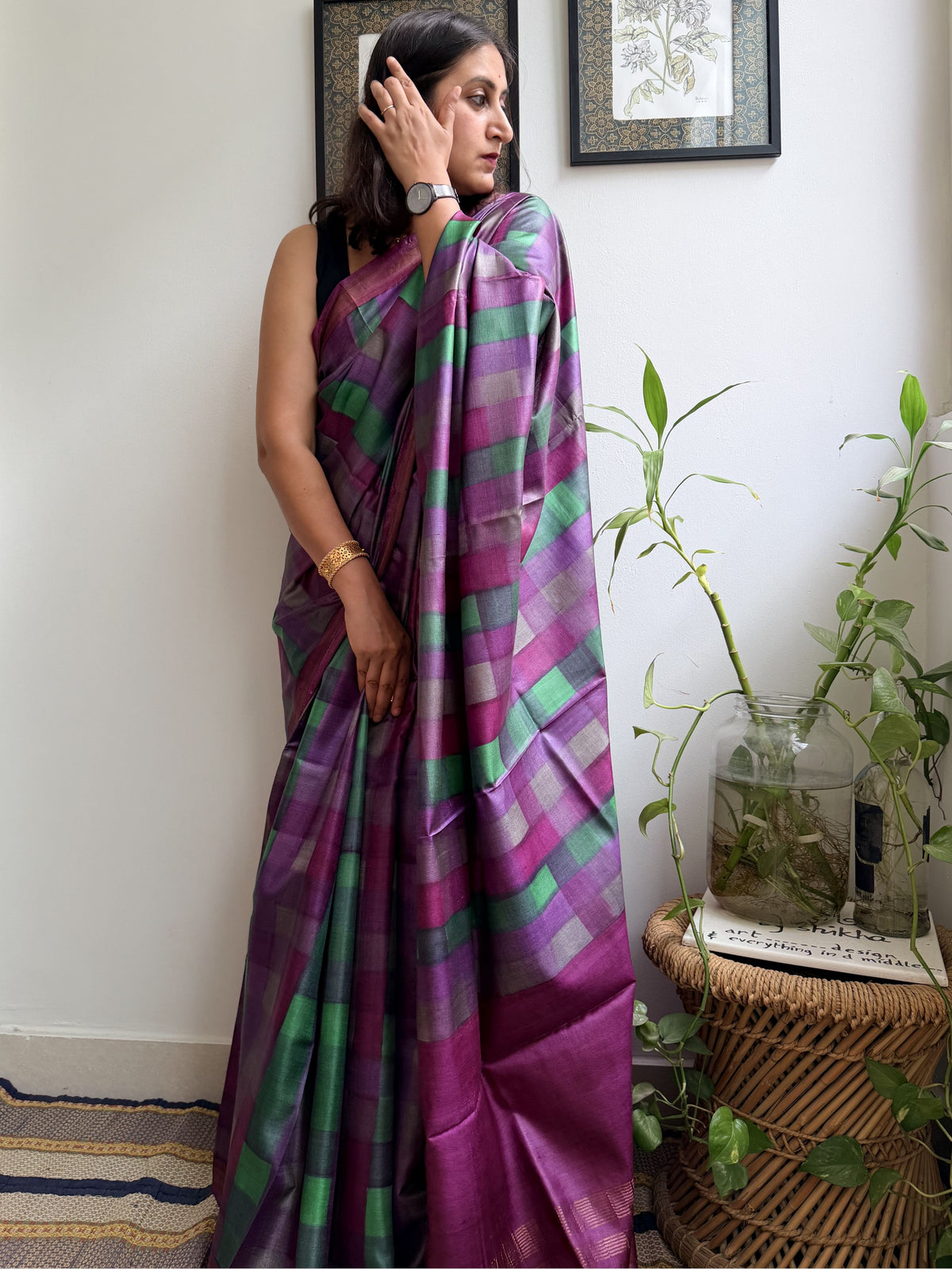 Plaid Painted Tussar Saree