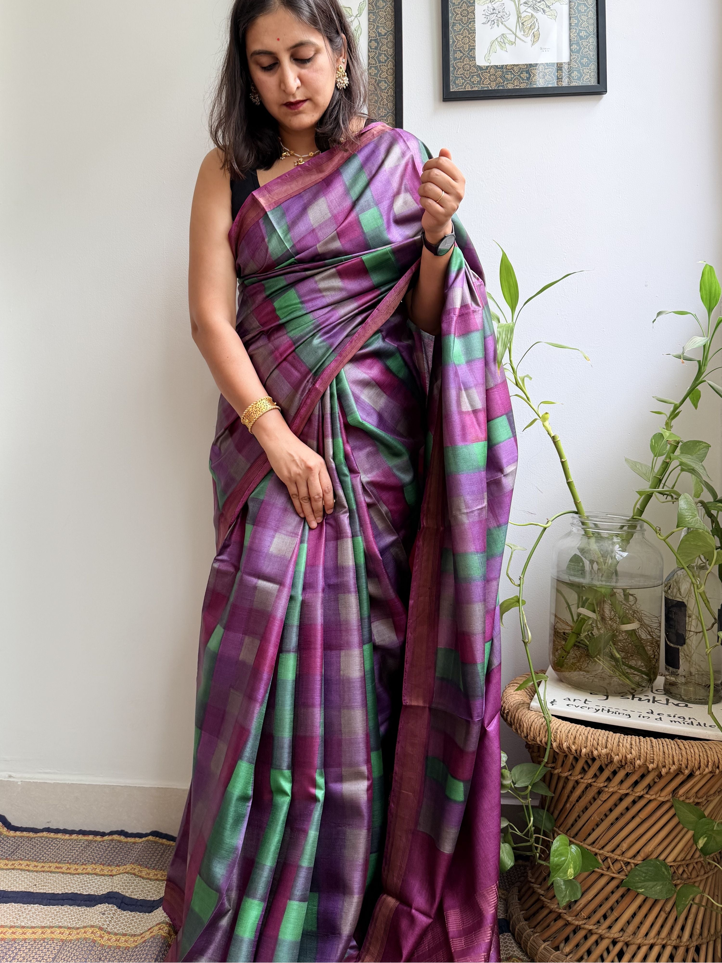Plaid Painted Tussar Saree