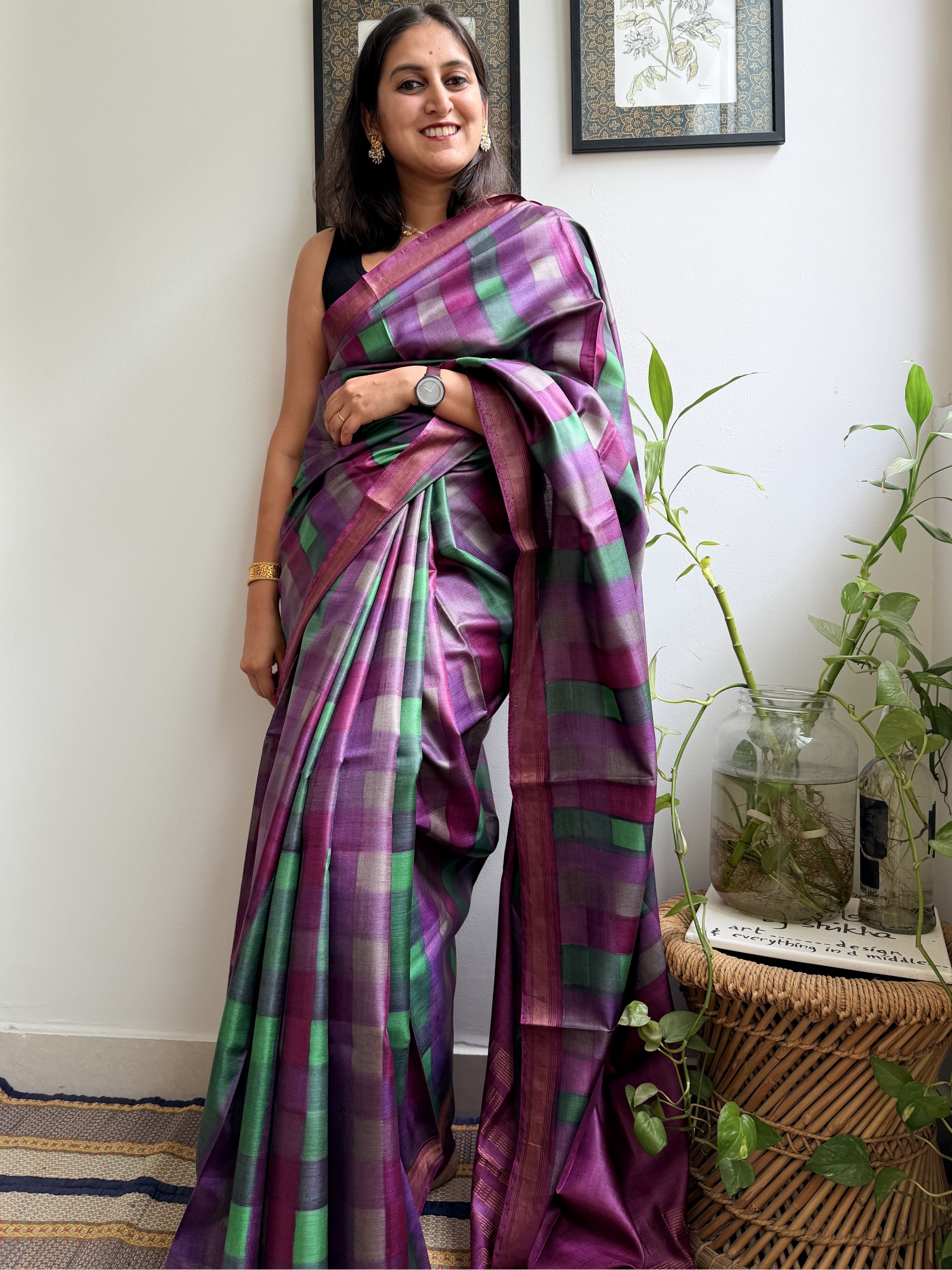 Plaid Painted Tussar Saree
