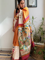 Tribal Orange Painted Tussar Saree