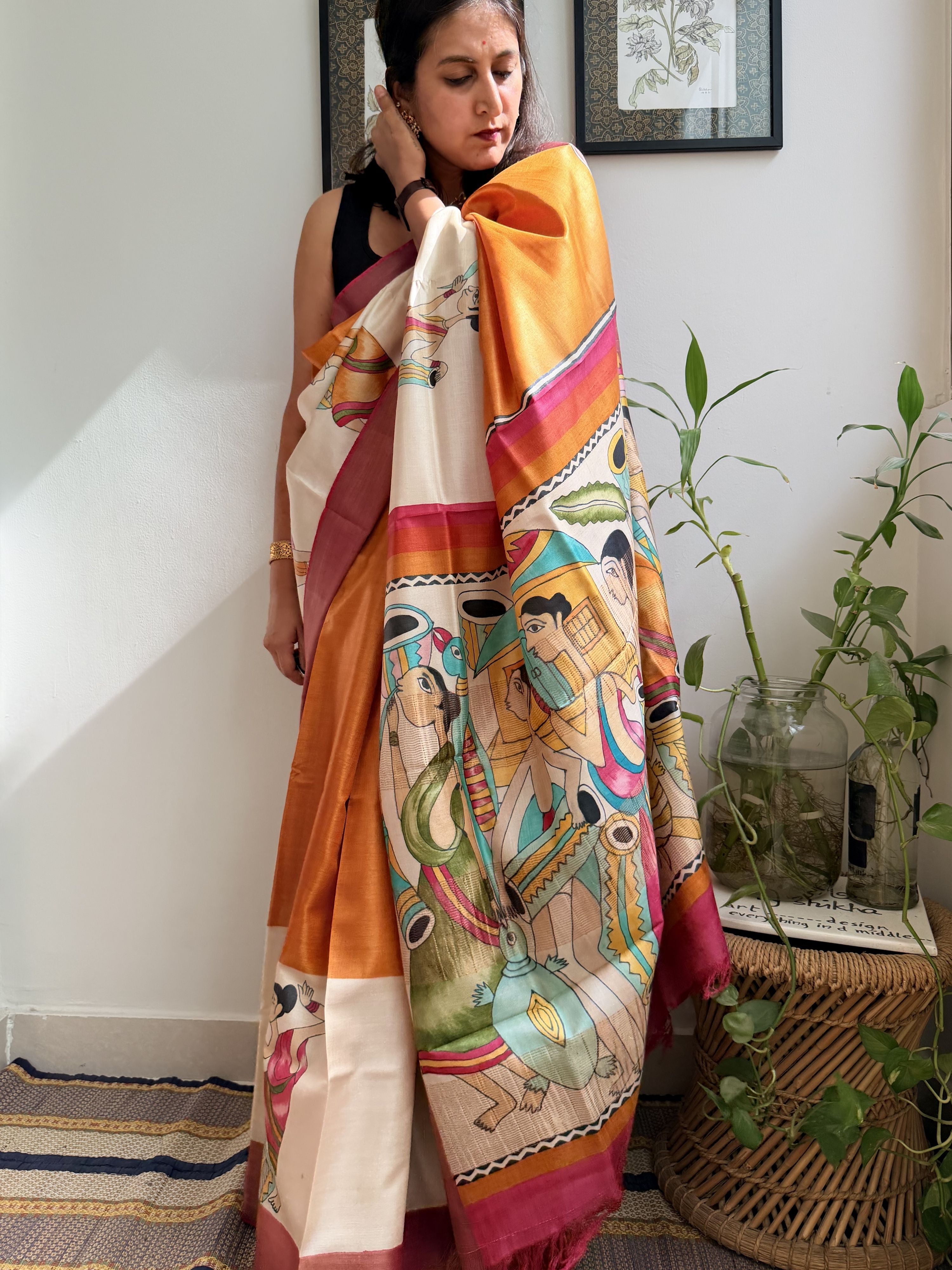 Tribal Orange Painted Tussar Saree
