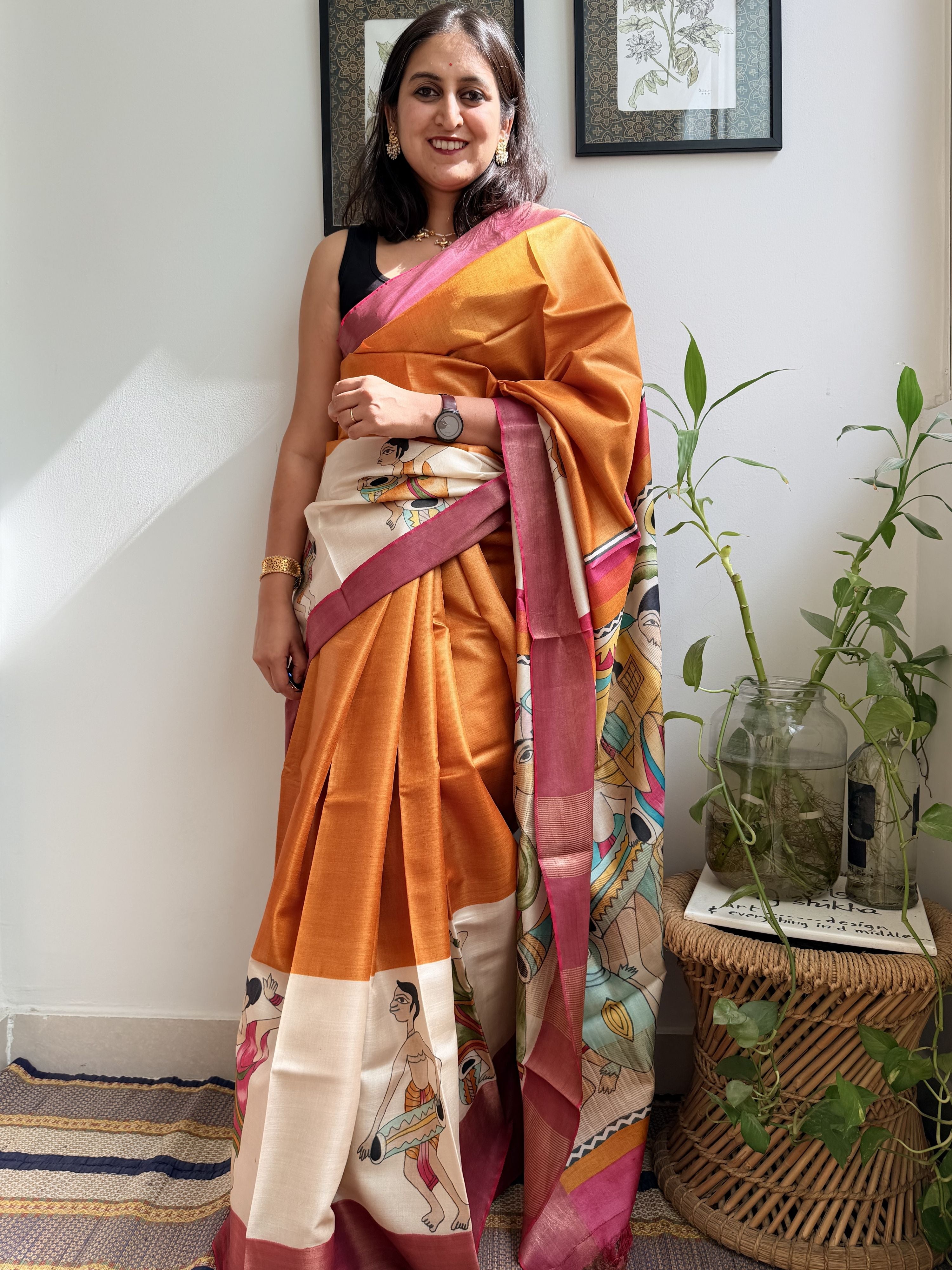 Tribal Orange Painted Tussar Saree