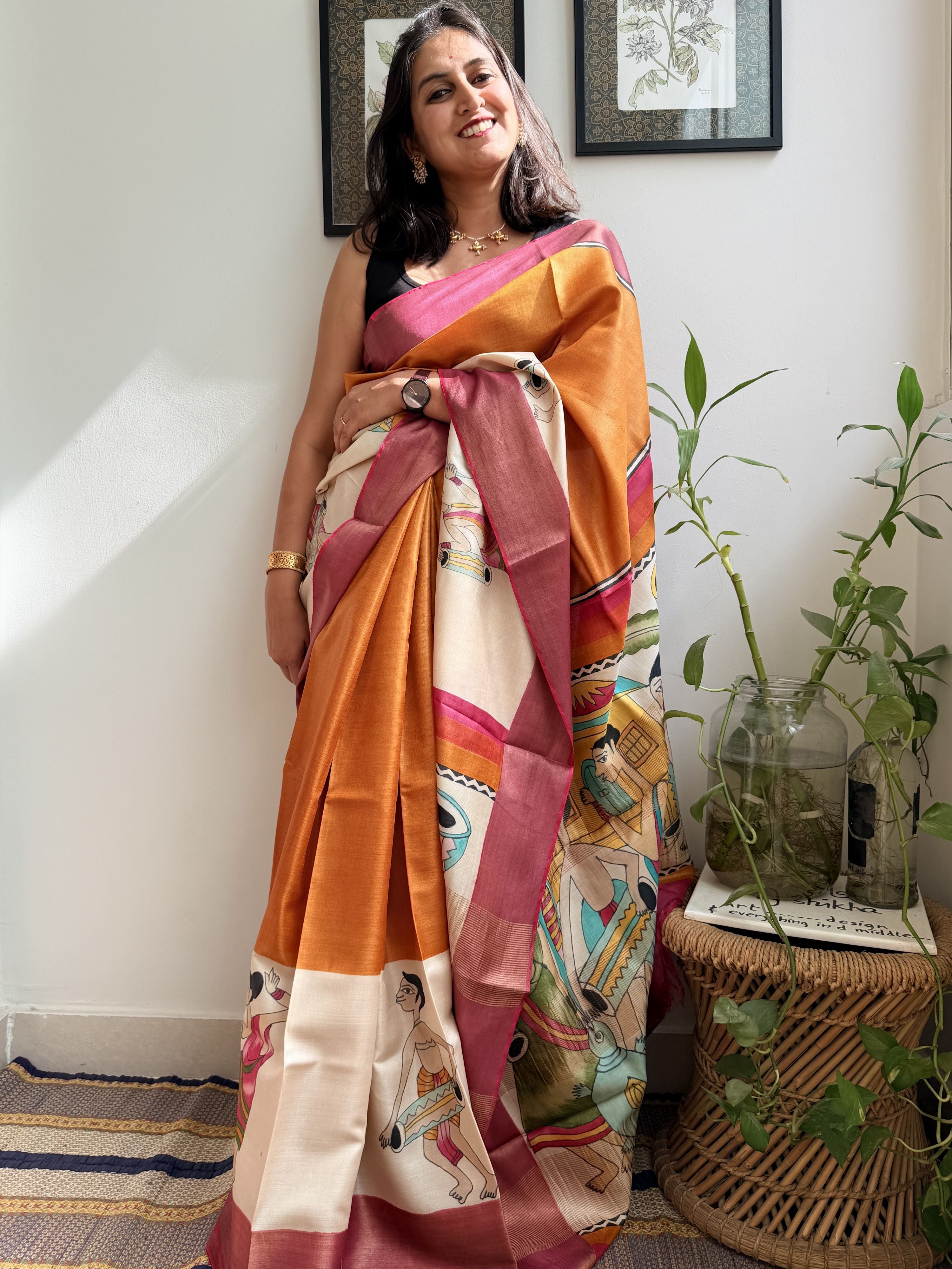 Tribal Orange Painted Tussar Saree